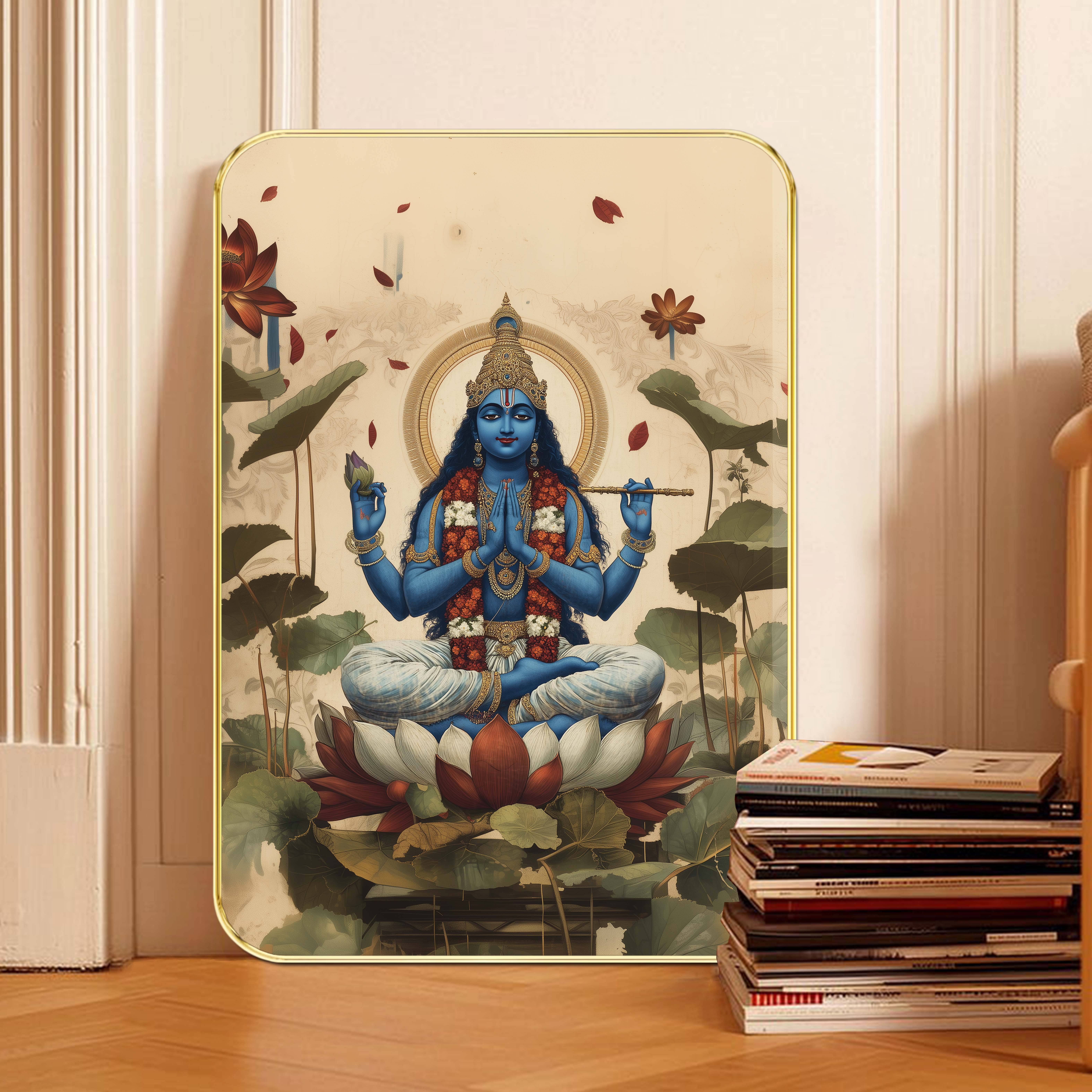 Saf Divine Lord Krishna Wall Art | Blue Krishna in Lotus Pose with Flute & Halo | Spiritual HD Print with Golden Frame | Traditional Hindu Decor for Pooja Room, Living Room Saf Divine Lord Krishna Wall Art | Blue Krishna in Lotus Pose with Flute & Halo | Spiritual HD Print with Golden Frame | Traditional Hindu Decor for Pooja Room, Living Room