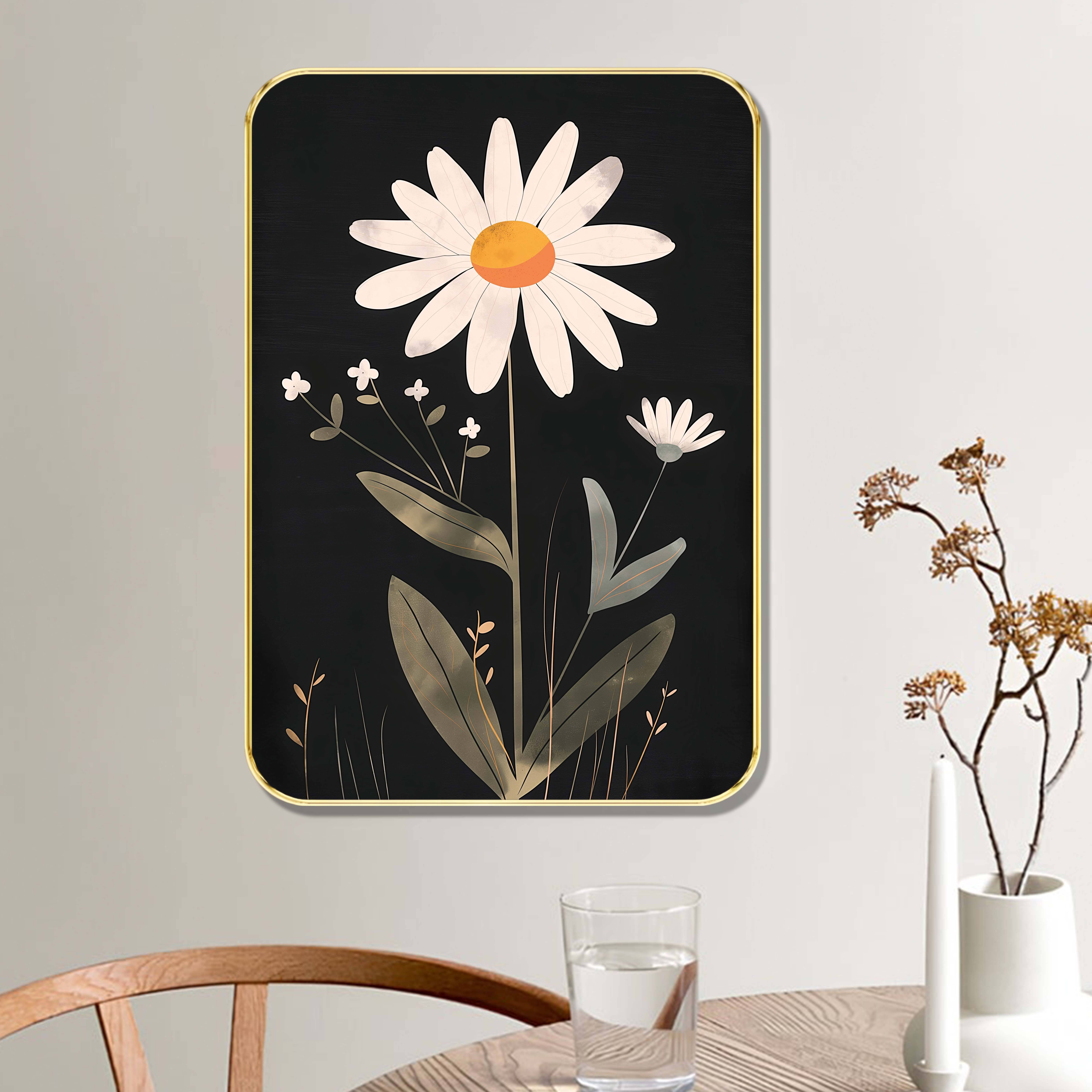 Saf Elegant Daisy Flower Wall Art | White Botanical Floral on Black with Gold Border | Minimalist Nature-Inspired Framed Painting for Bedroom, Hallway, Office     			Saf Elegant Daisy Flower Wall Art | White Botanical Floral on Black with Gold Border | Minimalist Nature-Inspired Framed Painting for Bedroom, Hallway, Office