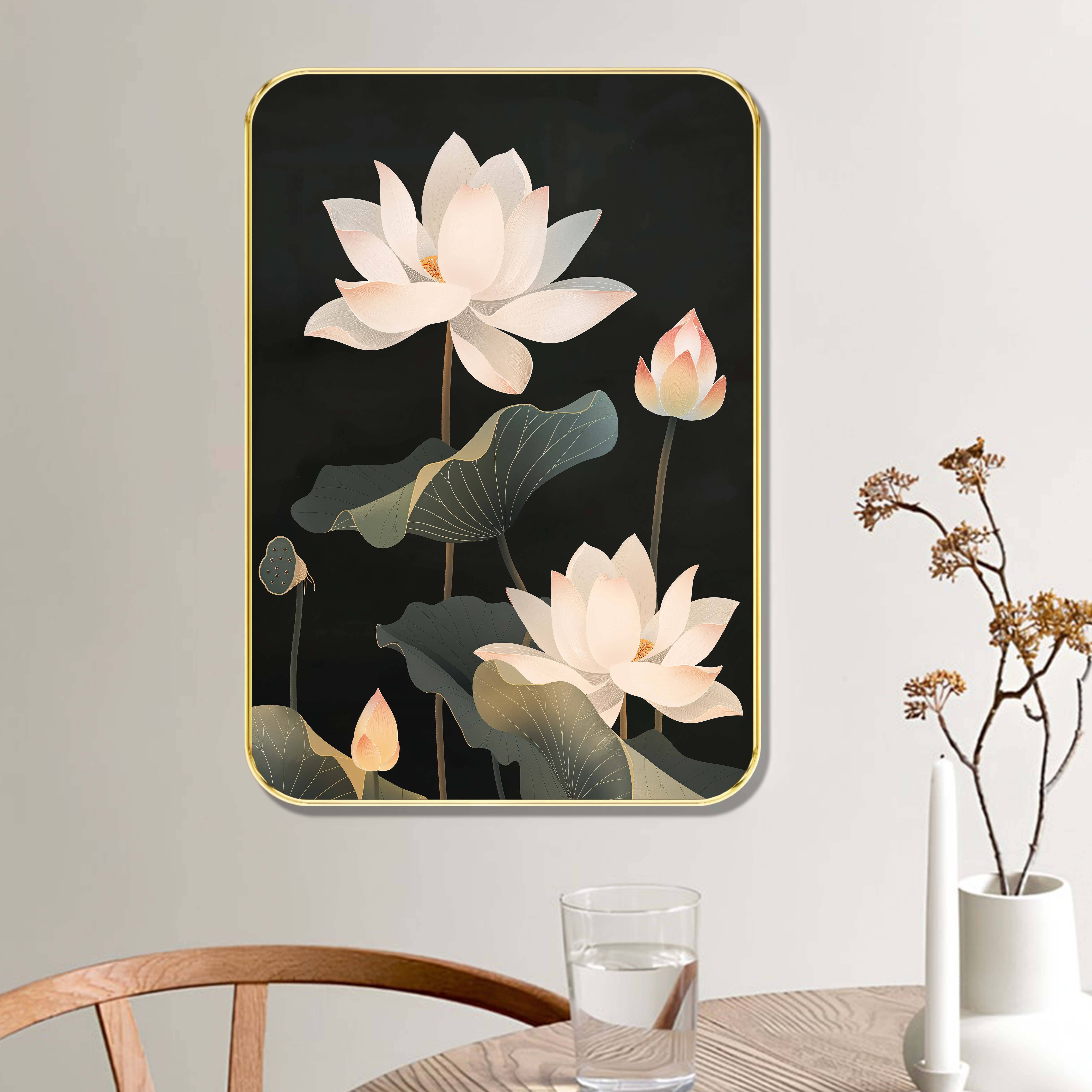 Saf Elegant White Lotus Wall Art | Floral Botanical Painting with Dark Background & Golden Frame | Premium Large Decorative Wall Hanging for Bedroom Living Room Hallway Meditation Decor     			Saf Elegant White Lotus Wall Art | Floral Botanical Painting with Dark Background & Golden Frame | Premium Large Decorative Wall Hanging for Bedroom Living Room Hallway Meditation Decor