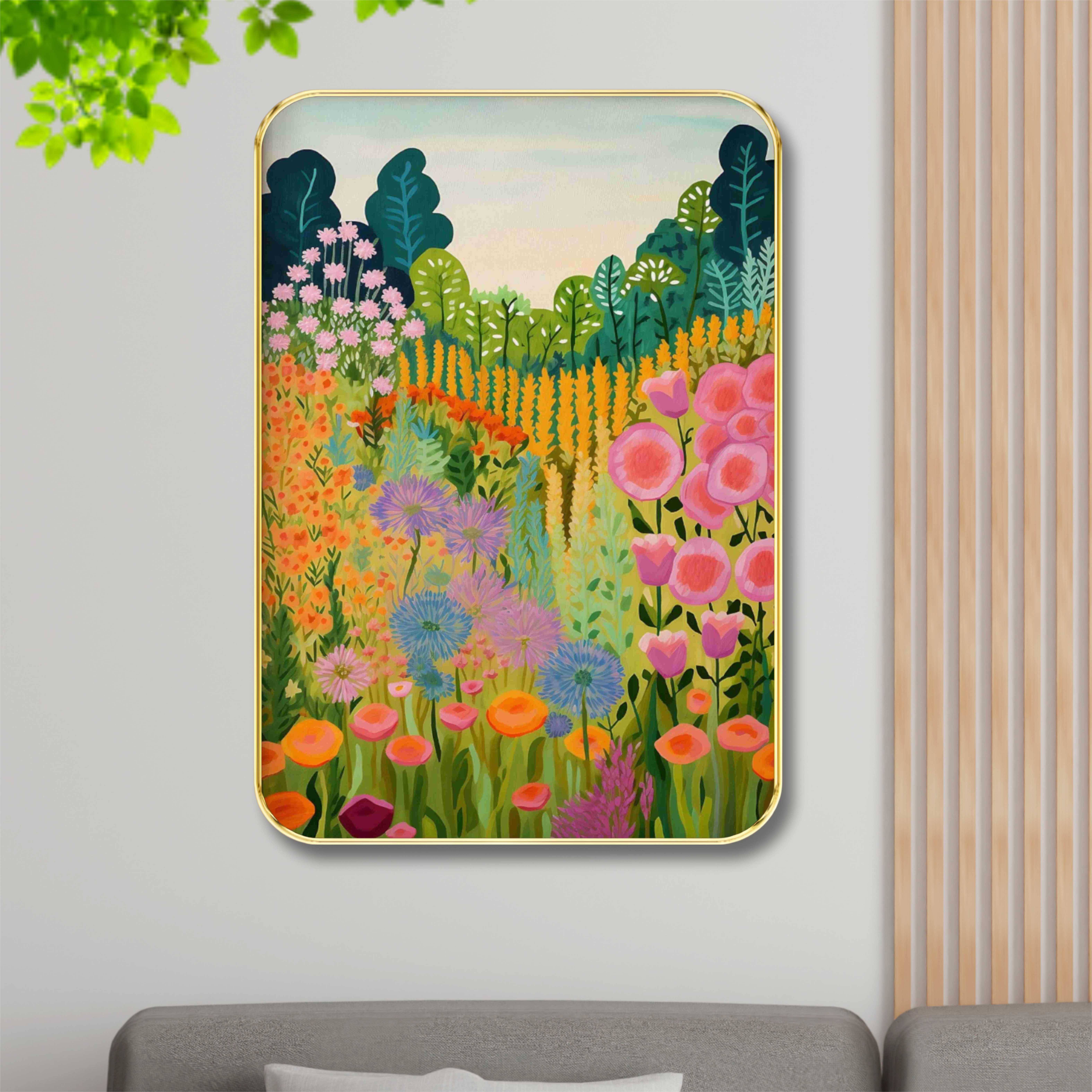 Saf Floral Meadow Wall Art with Golden Frame | Blooming Garden Landscape Painting for Living Room, Bedroom, Balcony | Vibrant Nature-Inspired Framed Print Saf Floral Meadow Wall Art with Golden Frame | Blooming Garden Landscape Painting for Living Room, Bedroom, Balcony | Vibrant Nature-Inspired Framed Print