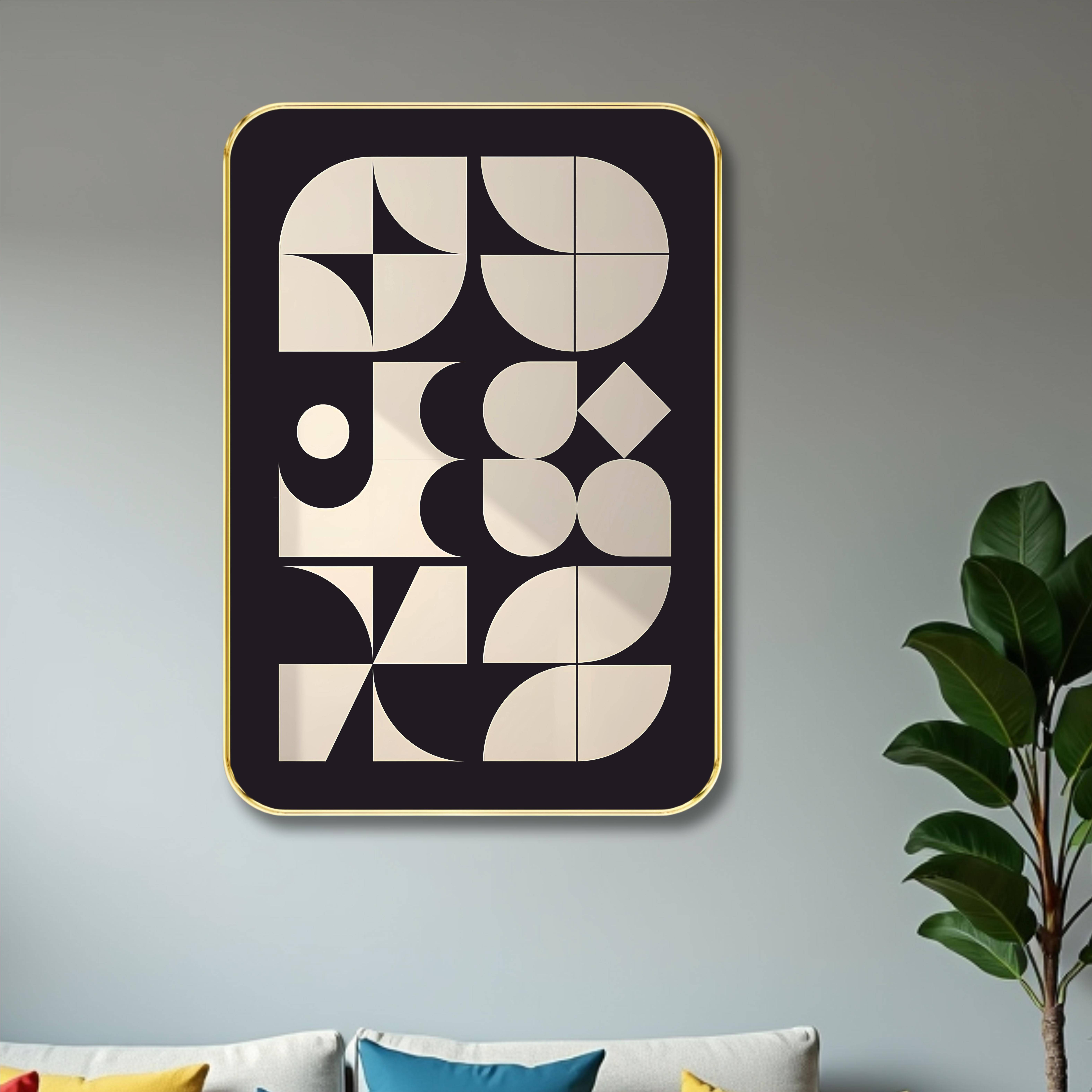 Saf Geometric Abstract Wall Art | Modern Beige Shapes on Black Background with Gold Frame | Minimalist Framed Painting for Living Room, Office & Decor Saf Geometric Abstract Wall Art | Modern Beige Shapes on Black Background with Gold Frame | Minimalist Framed Painting for Living Room, Office & Decor