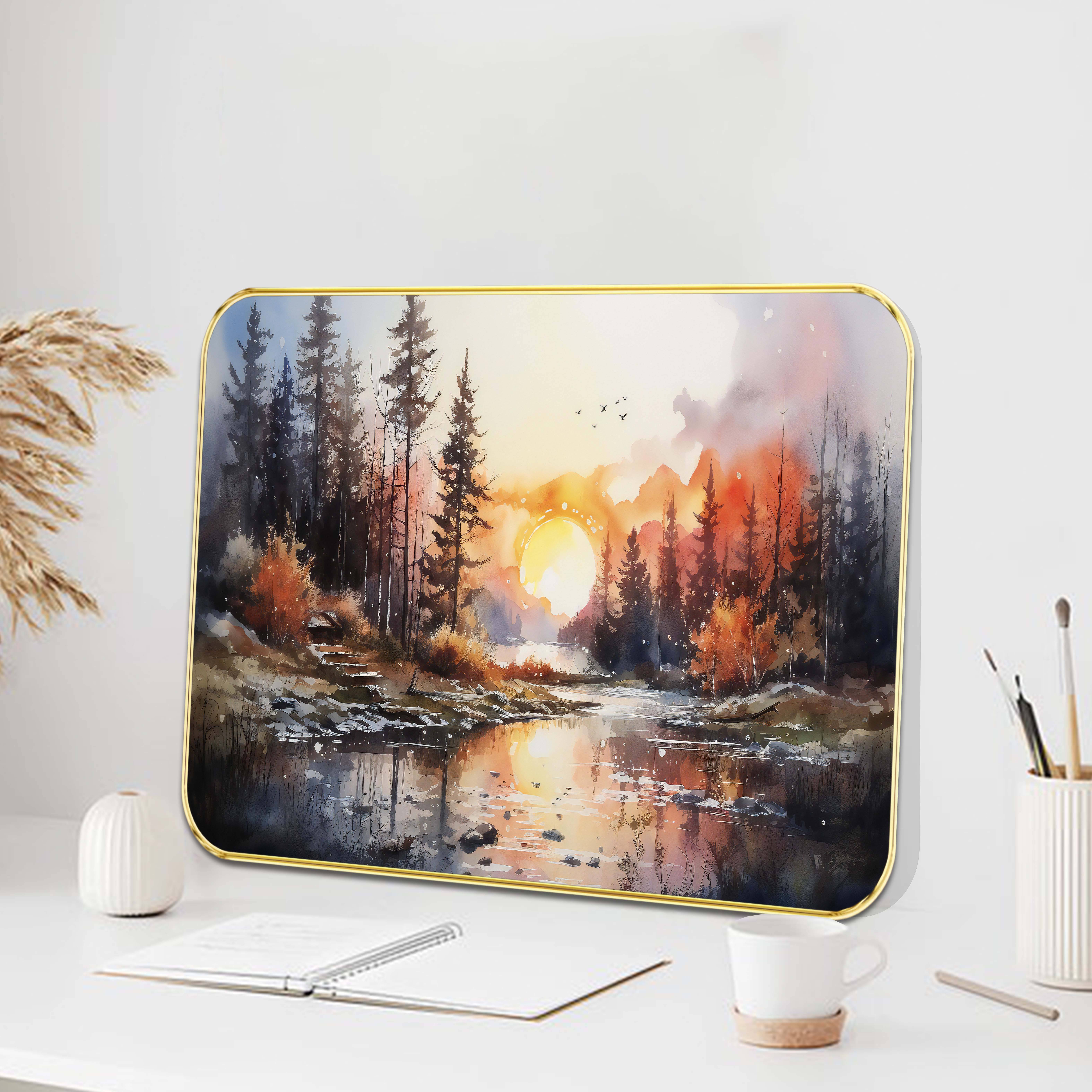     			Saf Golden Frame Forest Sunset Wall Art | Serene Landscape Nature Painting with River & Pine Trees – Premium Decorative Artwork for Living Room, Bedroom, Office