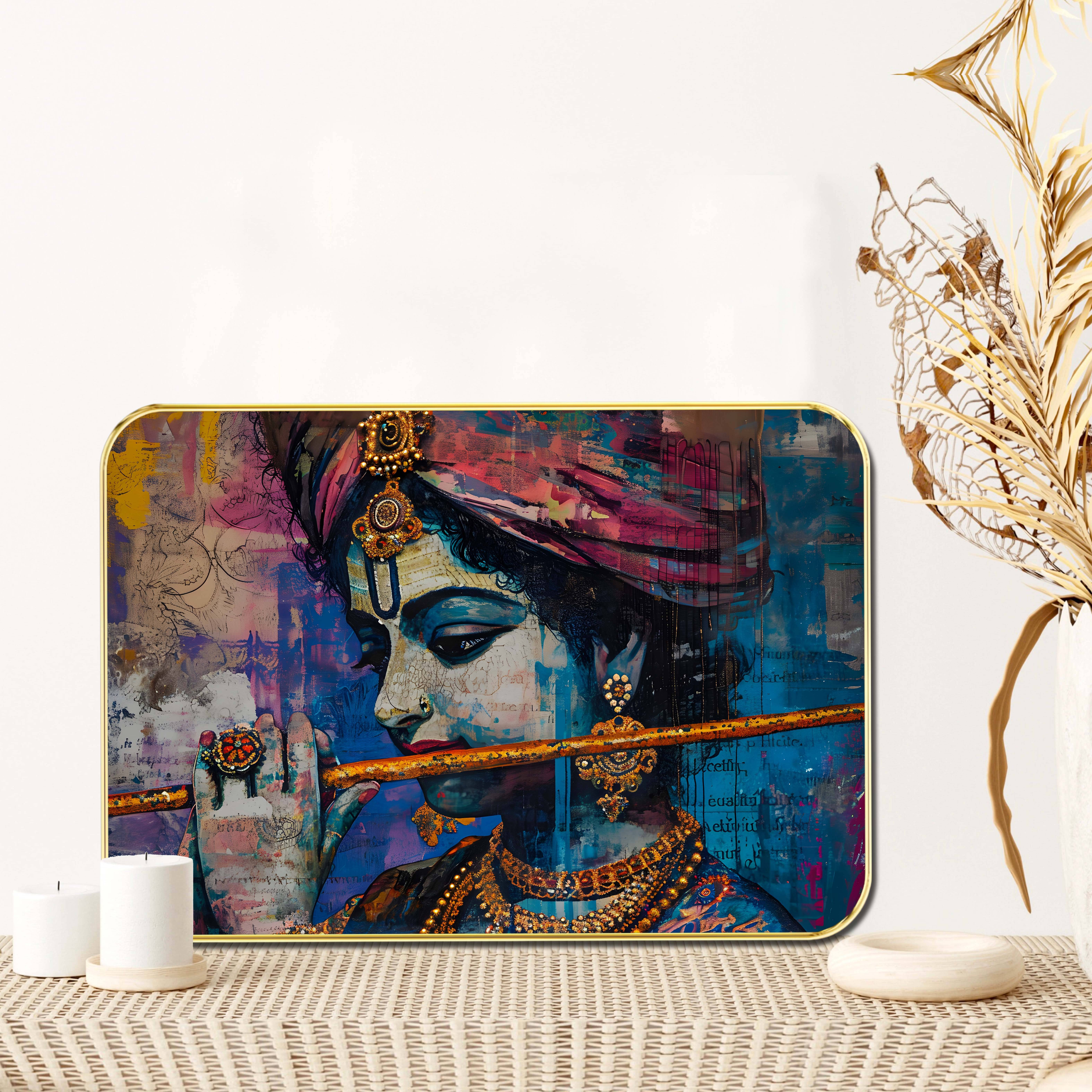 Saf Krishna Playing Flute Wall Art | Ethnic Spiritual Painting with Golden Embellishments | Decorative Framed Artwork for Home & Gifting Saf Krishna Playing Flute Wall Art | Ethnic Spiritual Painting with Golden Embellishments | Decorative Framed Artwork for Home & Gifting