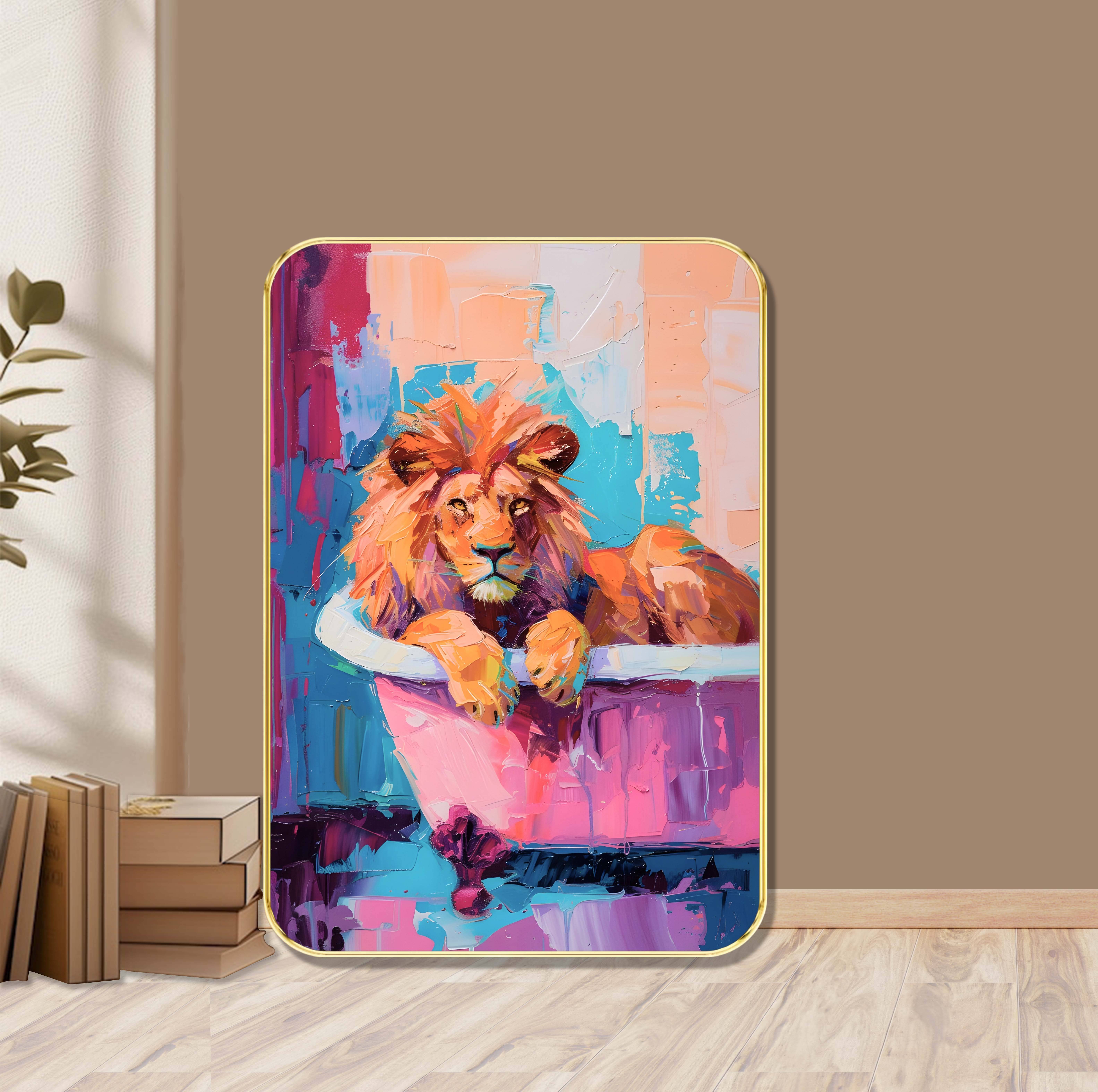 Saf Majestic Lion in Bathtub Wall Art – Abstract Colorful Painting with Golden Frame | Bold Animal Modern Decor for Living Room, Bathroom, or Office Saf Majestic Lion in Bathtub Wall Art – Abstract Colorful Painting with Golden Frame | Bold Animal Modern Decor for Living Room, Bathroom, or Office