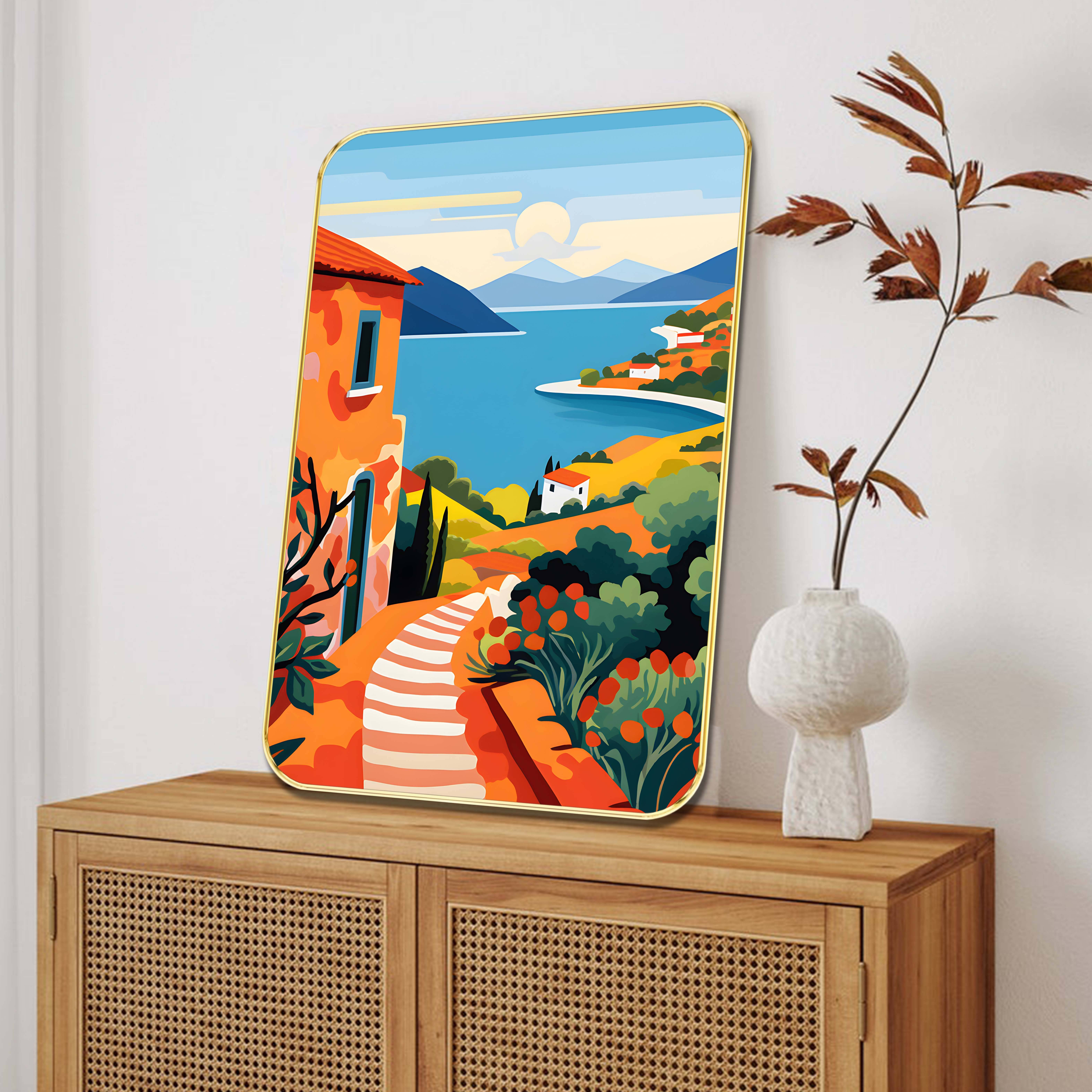 Saf Mediterranean Coastal Village Wall Art with Golden Frame | Vibrant Ocean View with Hills, Sunset & Countryside Homes | HD Printed Seaside Artwork for Living Room, Balcony Saf Mediterranean Coastal Village Wall Art with Golden Frame | Vibrant Ocean View with Hills, Sunset & Countryside Homes | HD Printed Seaside Artwork for Living Room, Balcony