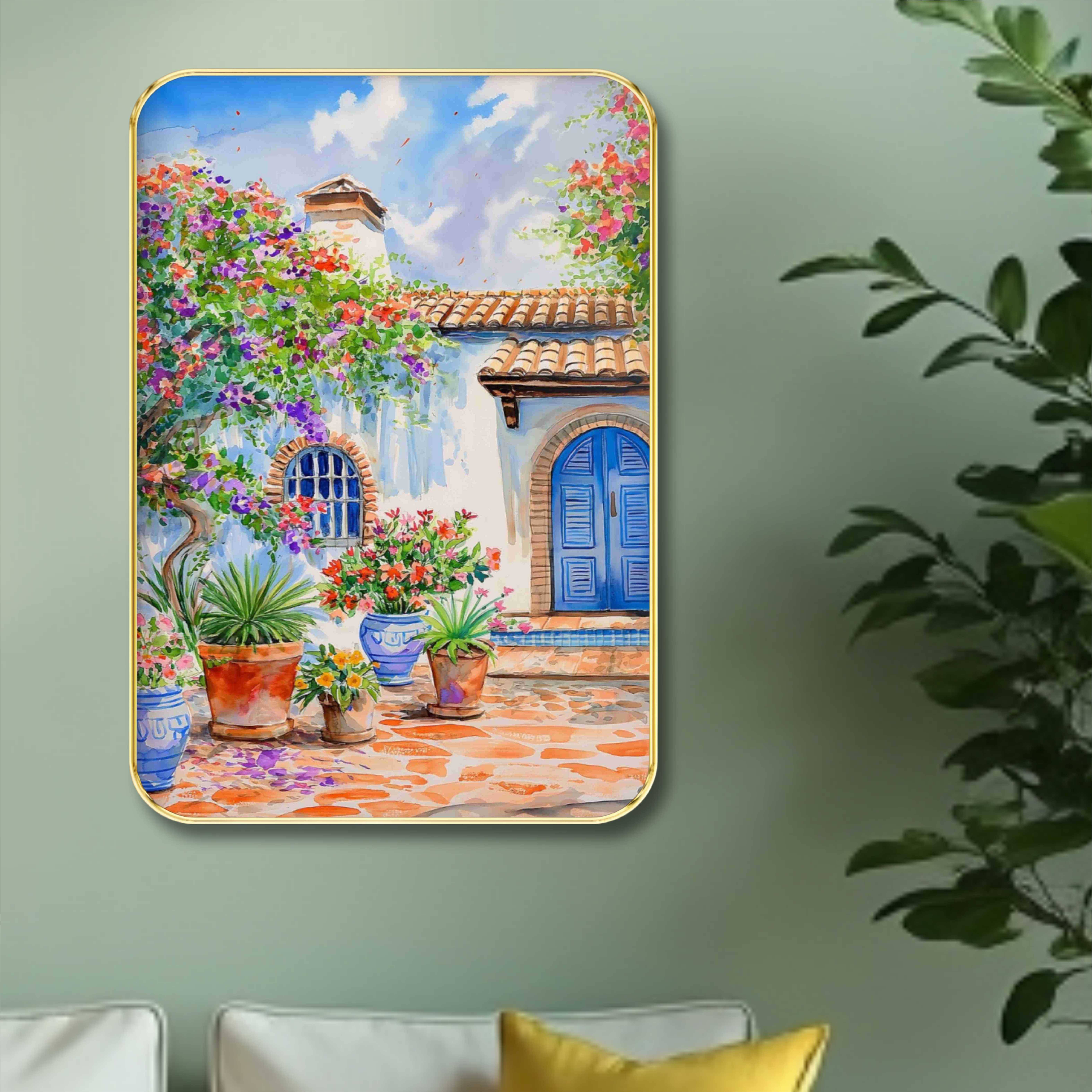 Saf Mediterranean Courtyard Wall Art with Golden Frame | Floral Pots & Blue Door Painting for Living Room, Entryway, Balcony | Vibrant Framed Spanish Villa Print Saf Mediterranean Courtyard Wall Art with Golden Frame | Floral Pots & Blue Door Painting for Living Room, Entryway, Balcony | Vibrant Framed Spanish Villa Print