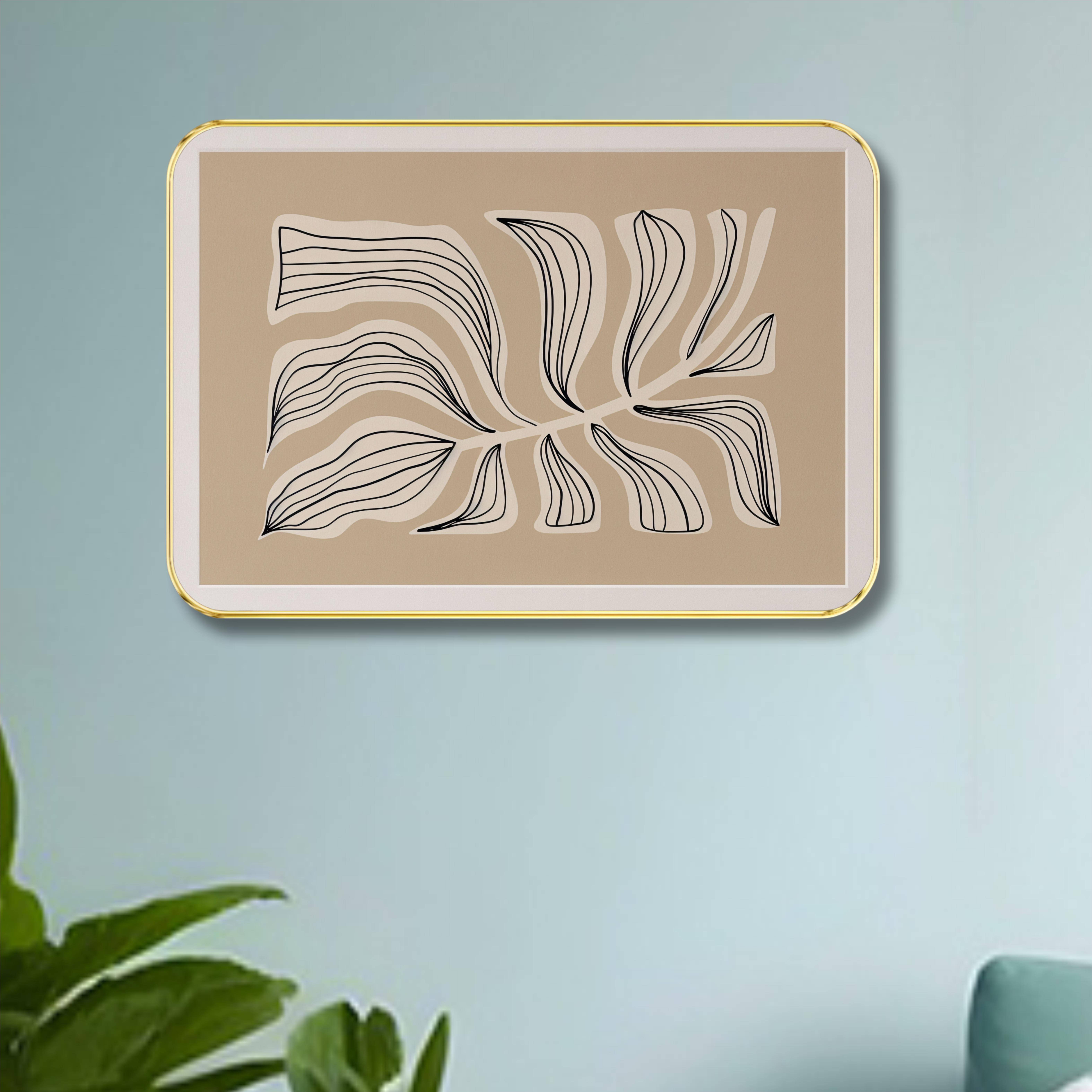 Saf Minimalist Botanical Wall Art | Abstract Leaf Line Drawing on Beige Background with Gold Frame | Modern Framed Painting for Living Room & Office Decor Saf Minimalist Botanical Wall Art | Abstract Leaf Line Drawing on Beige Background with Gold Frame | Modern Framed Painting for Living Room & Office Decor