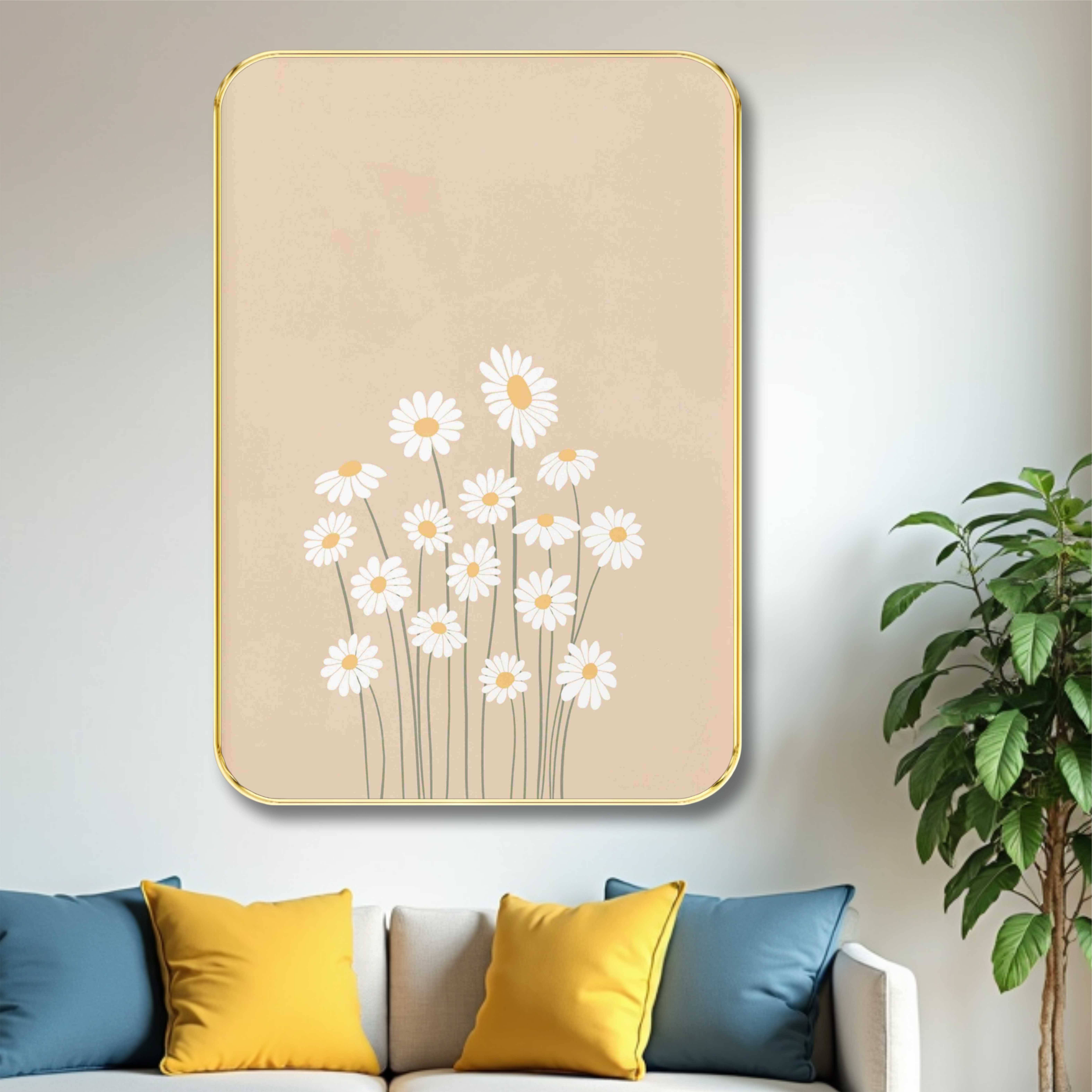 Saf Minimalist Daisy Flower Wall Art with Golden Frame | Beige Background Floral Painting for Bedroom, Living Room, Entryway | Modern Framed Wall Decor Saf Minimalist Daisy Flower Wall Art with Golden Frame | Beige Background Floral Painting for Bedroom, Living Room, Entryway | Modern Framed Wall Decor