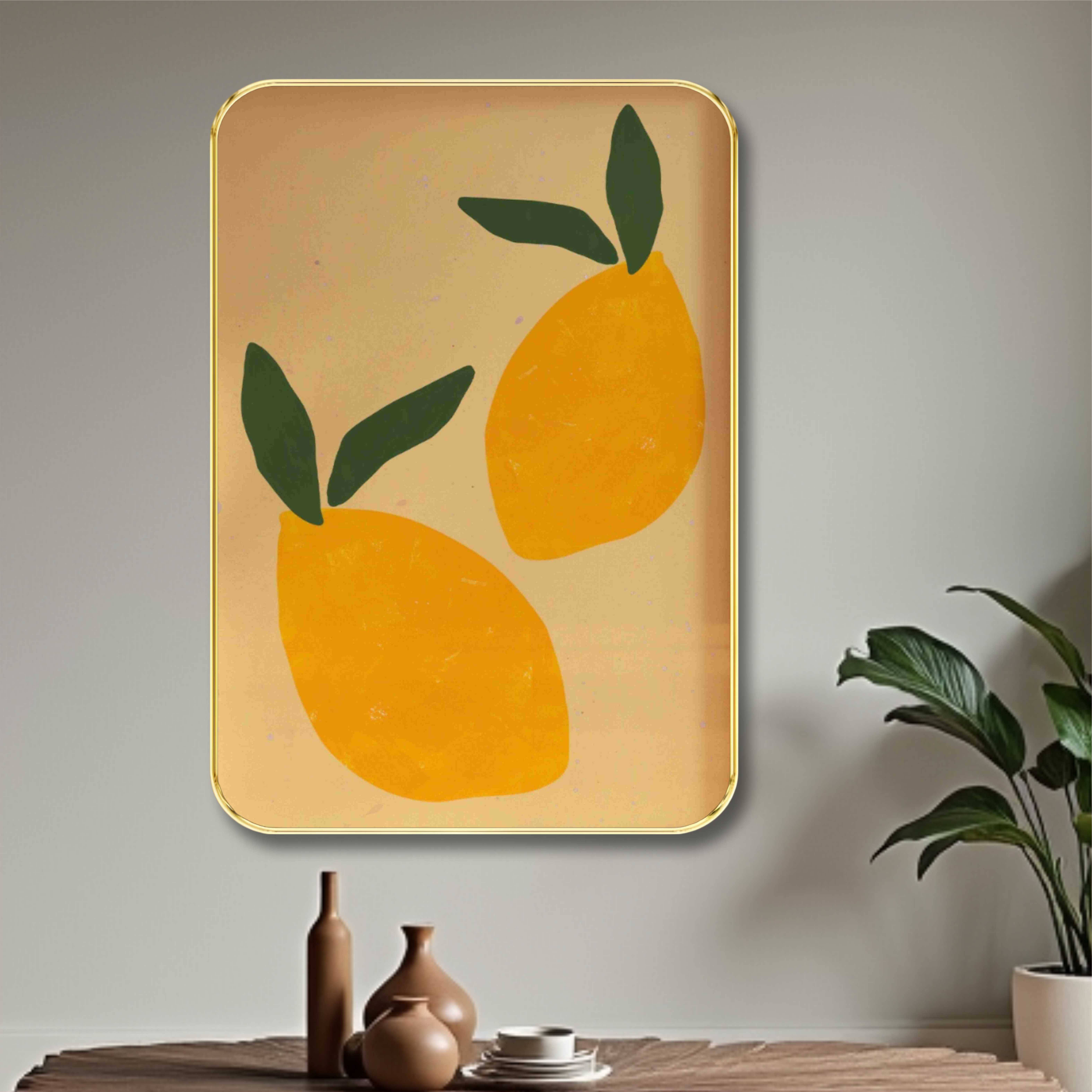     			Saf Minimalist Lemon Wall Art with Golden Frame | Modern Fruit Painting for Kitchen, Dining, Cafe, Living Room | Yellow Citrus Framed Decorative Print