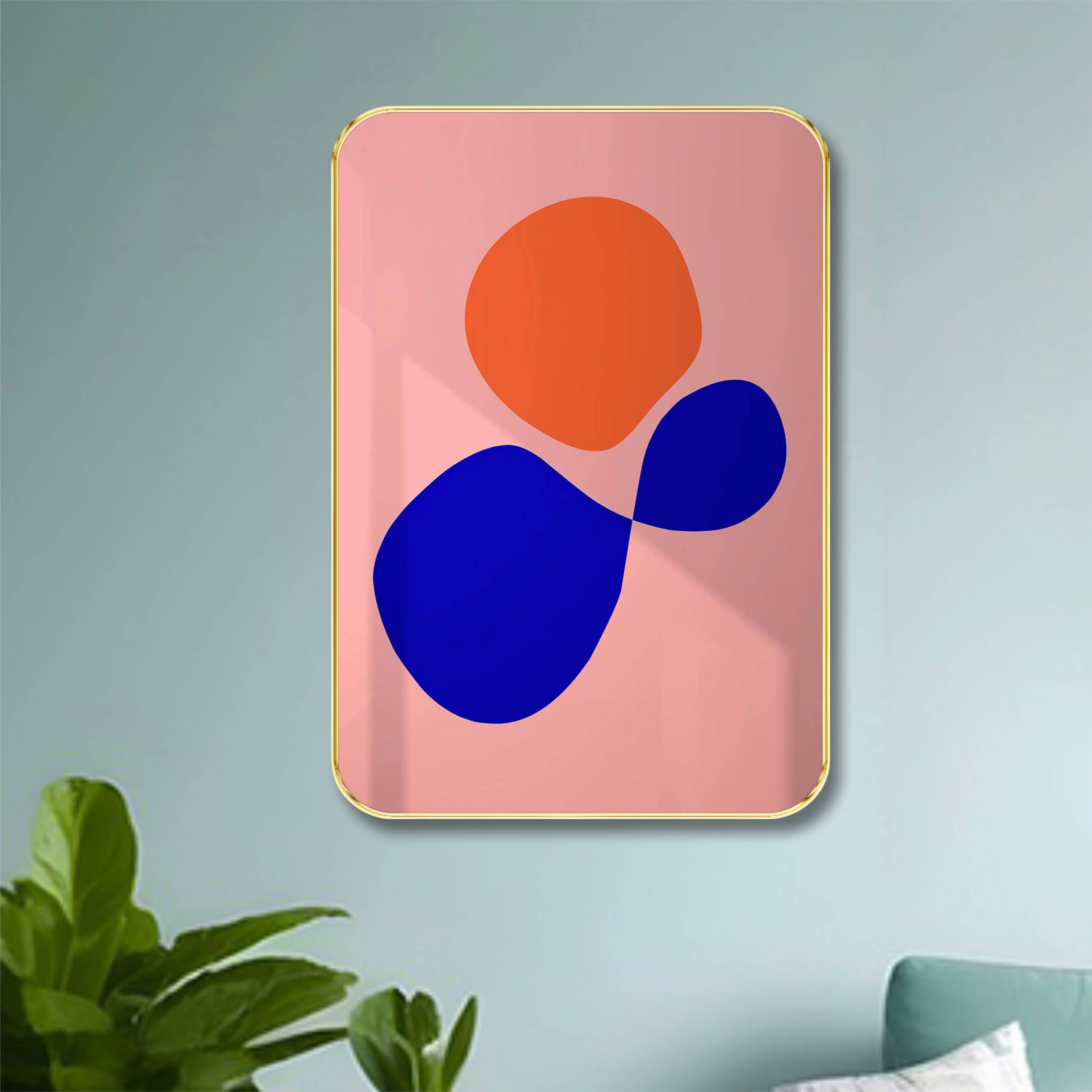     			Saf Modern Abstract Wall Art | Pink Background with Blue & Orange Shapes | Framed Contemporary Painting for Living Room, Bedroom, Office | Decorative Gold Frame
