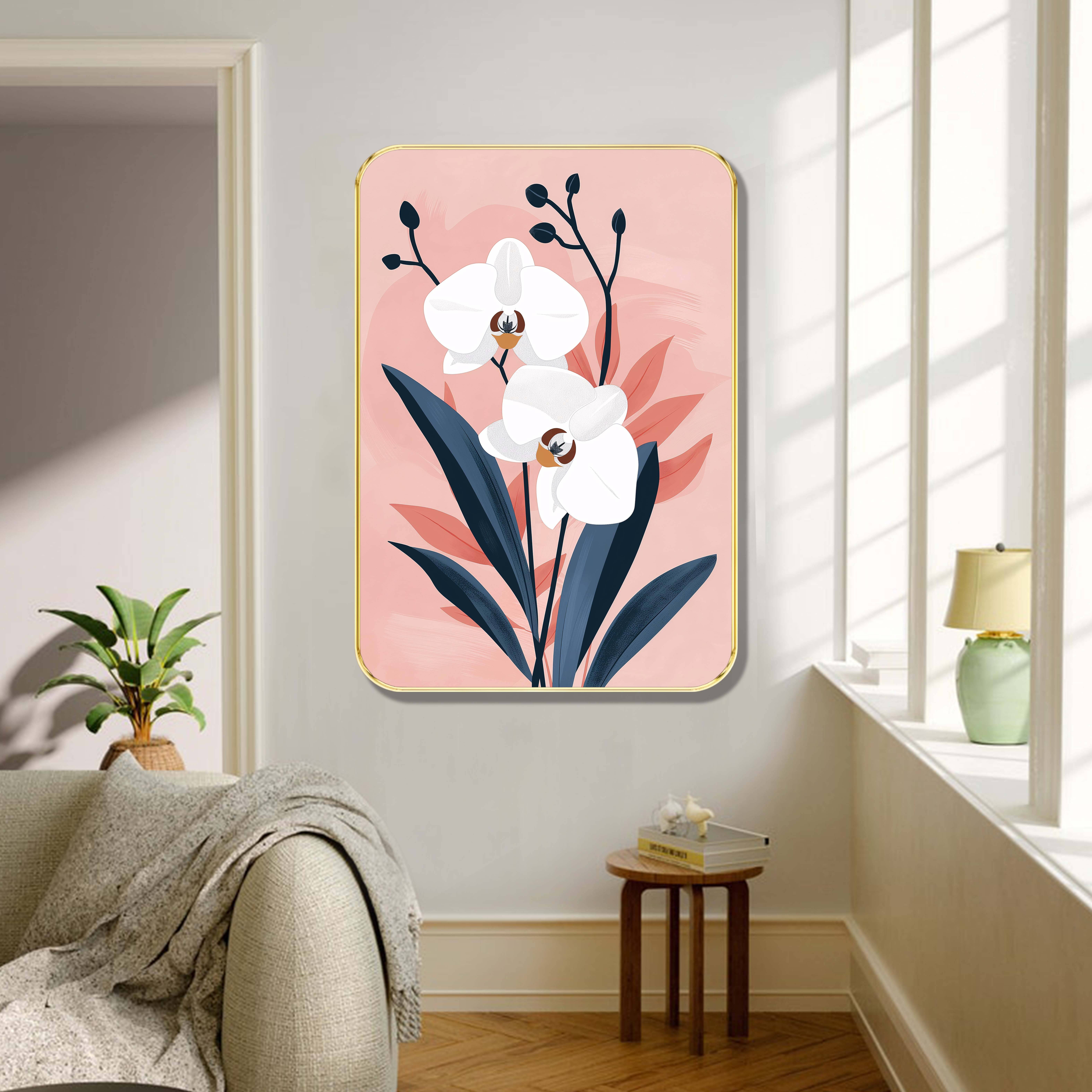     			Saf Modern White Orchid Wall Art | Botanical Floral Painting on Pink Background with Blue Leaves & Golden Frame | Large Decorative Wall Hanging for Bedroom Living Room Office |