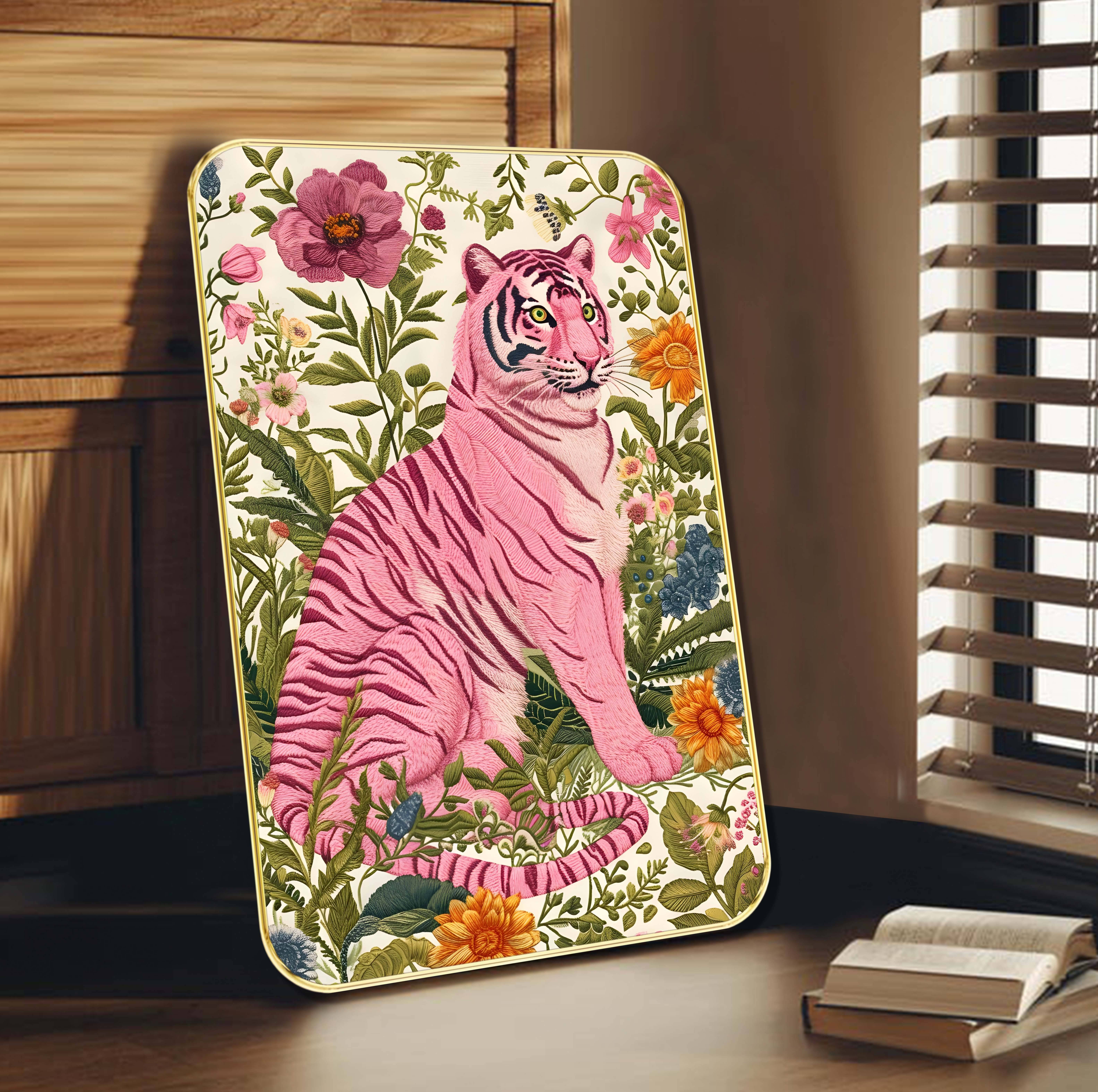 Saf Pink Tiger in Bloom Wall Art – Vibrant Floral Jungle Poster with Golden Frame | Bold Botanical Animal Artwork for Bedroom, Living Room & Office Decor Saf Pink Tiger in Bloom Wall Art – Vibrant Floral Jungle Poster with Golden Frame | Bold Botanical Animal Artwork for Bedroom, Living Room & Office Decor
