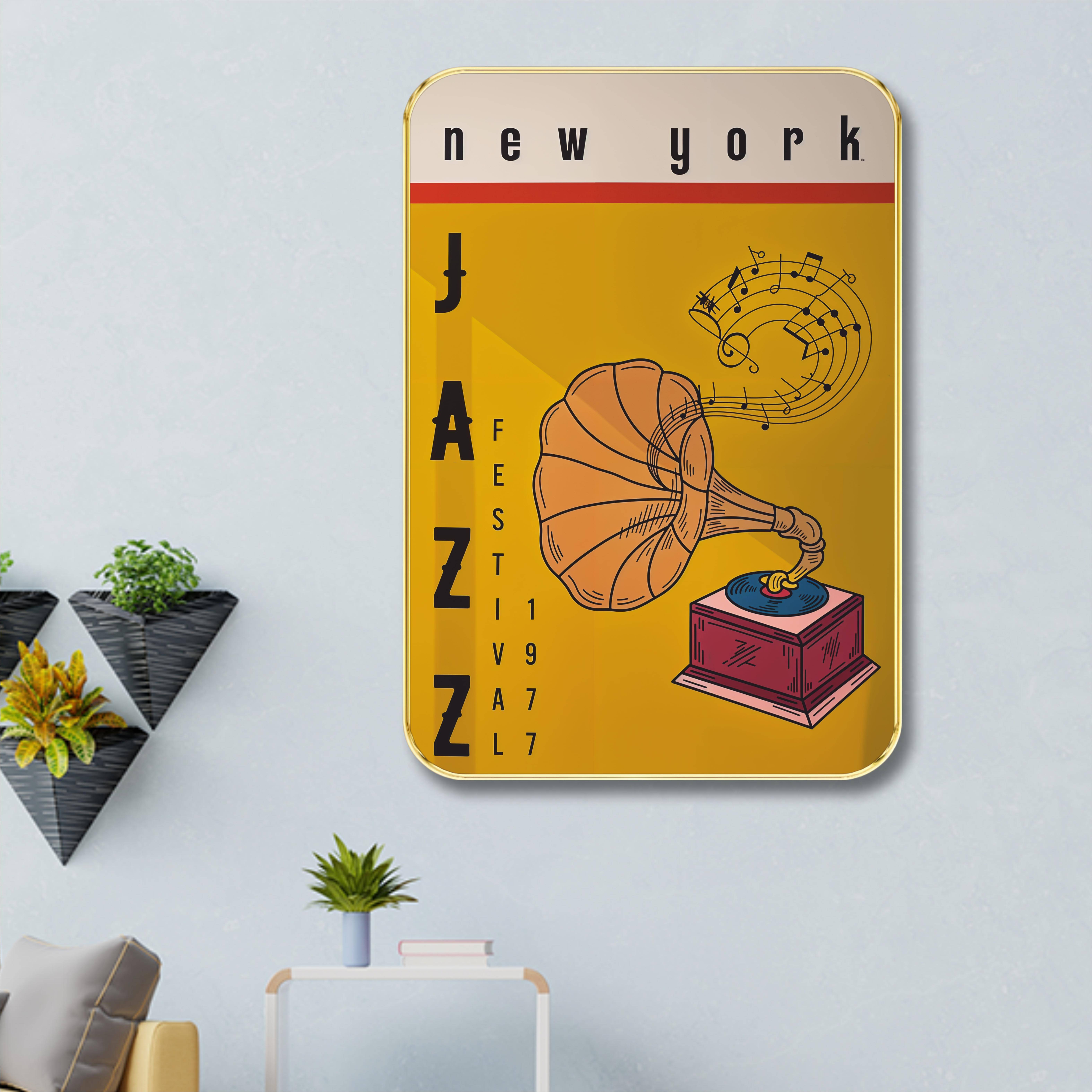     			Saf Vintage New York Jazz Festival 1977 Wall Art | Gramophone Music painting | Retro Musical Print with Golden Frame for Home, Bar, Cafe & Studio