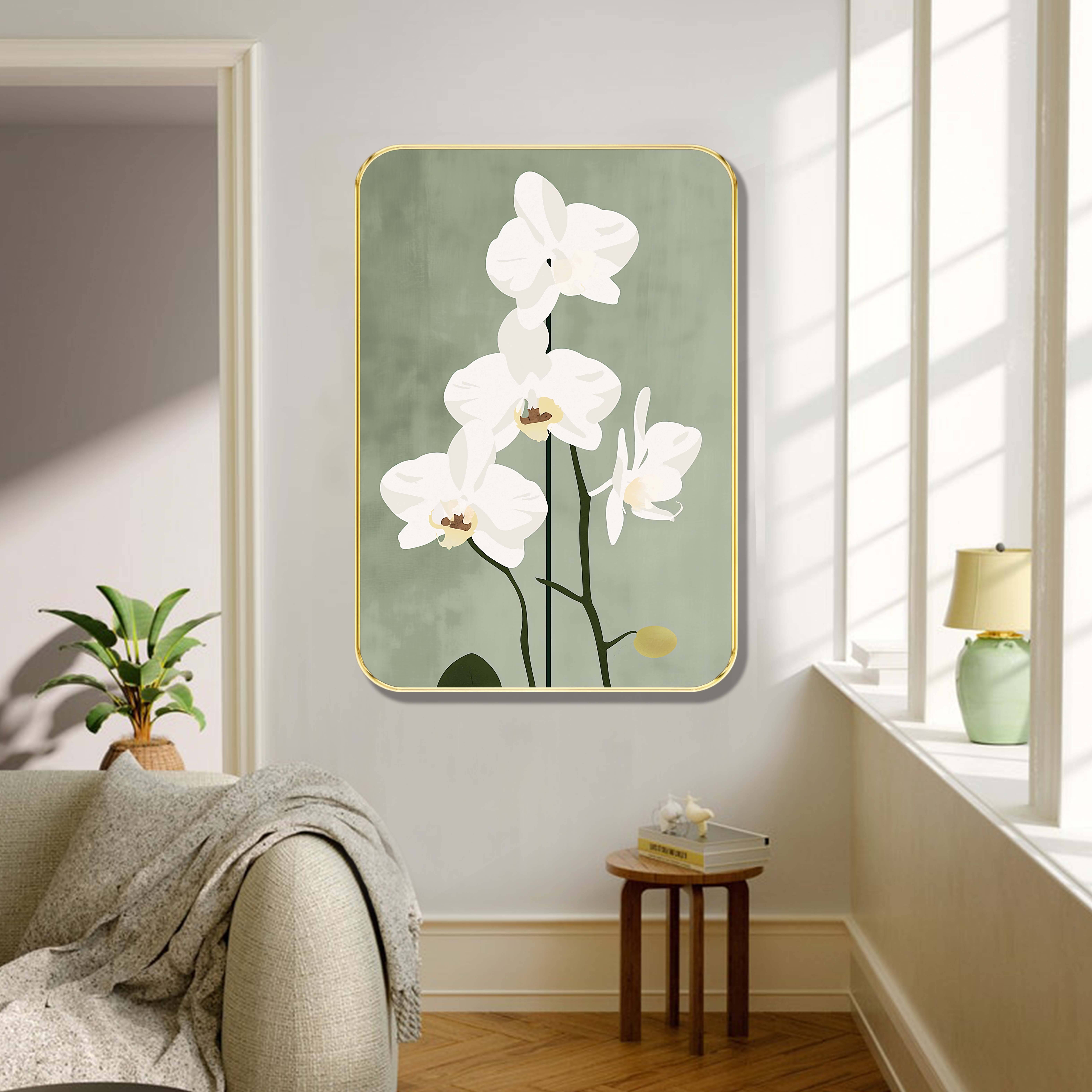 Saf White Orchid Wall Art | Minimal Botanical Flower Painting on Sage Green Background with Golden Frame | Large Decorative Wall Hanging for Bedroom Living Room Hallway Office     			Saf White Orchid Wall Art | Minimal Botanical Flower Painting on Sage Green Background with Golden Frame | Large Decorative Wall Hanging for Bedroom Living Room Hallway Office