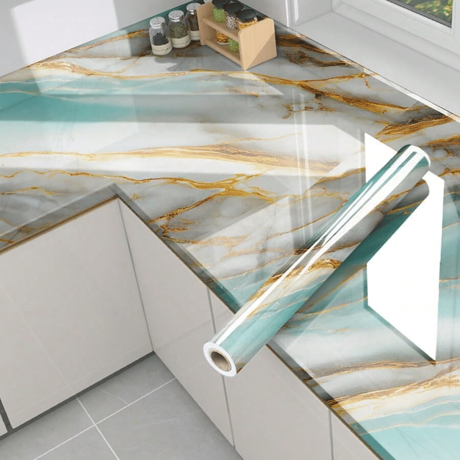 Self Adhesive Sky Blue Marble Wallpaper | Gold Vein Design | Pack of 2 | Waterproof Peel and Stick Wall Sticker | 60x200cm Each | Glossy Finish Self Adhesive Sky Blue Marble Wallpaper | Gold Vein Design | Pack of 2 | Waterproof Peel and Stick Wall Sticker | 60x200cm Each | Glossy Finish