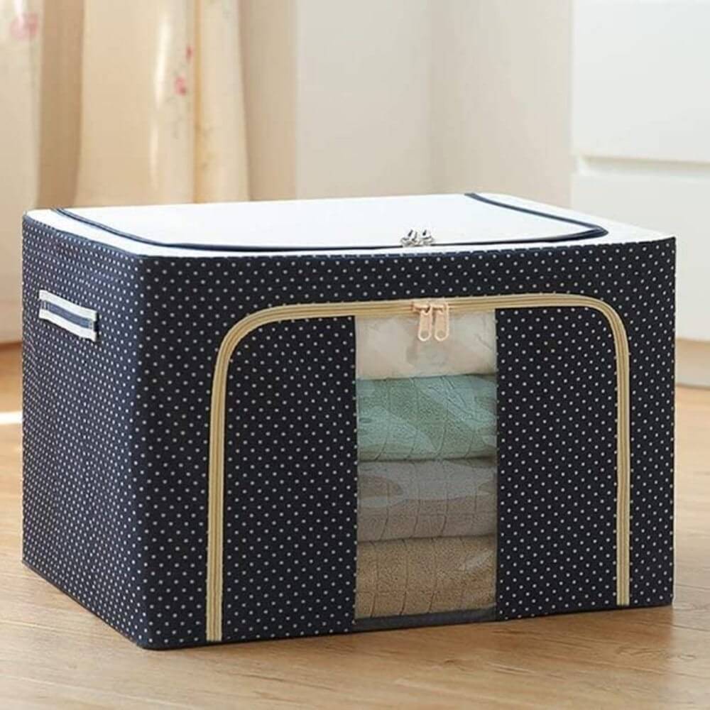     			SuneshCreation Foldable Large (66L) Rectangular Storage Box with Clear Window and Sturdy Zipper, Polka Dot Pattern, Clothes Organizer for Clothes, Sarees, Bed Sheet, Blanket, Cosmetic Organizer