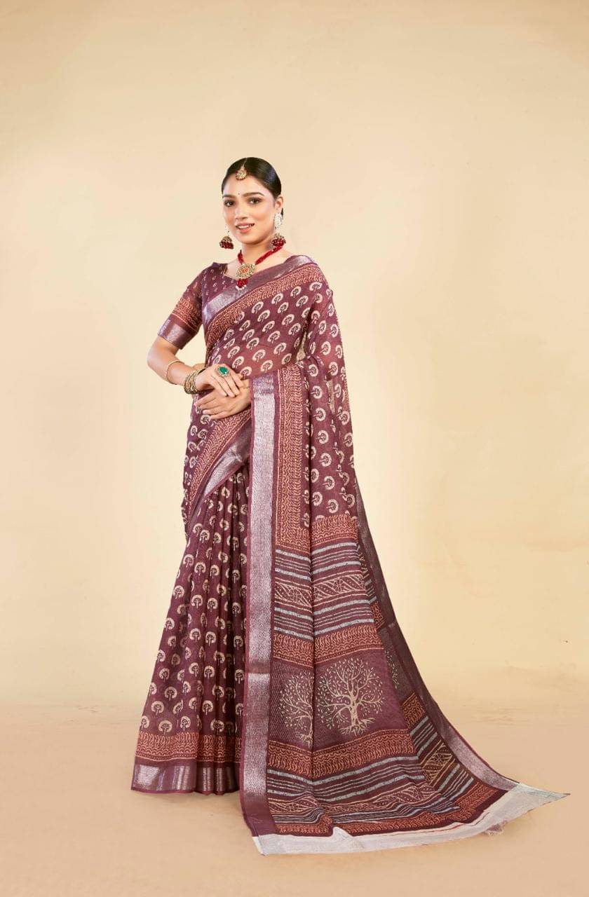     			VTEXX Cotton Printed Saree With Unstitched Blouse Piece ( Brown )