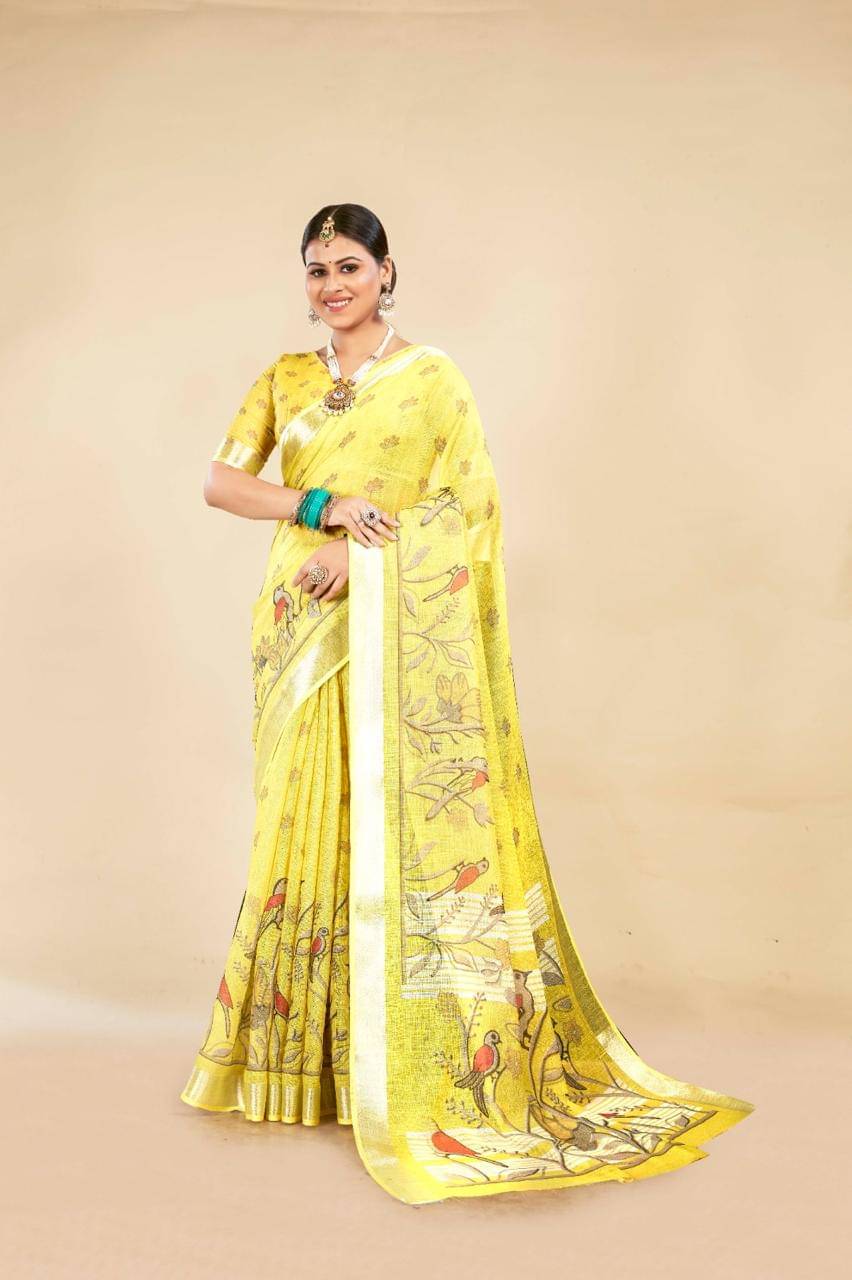     			VTEXX Cotton Printed Saree With Unstitched Blouse Piece ( Yellow )