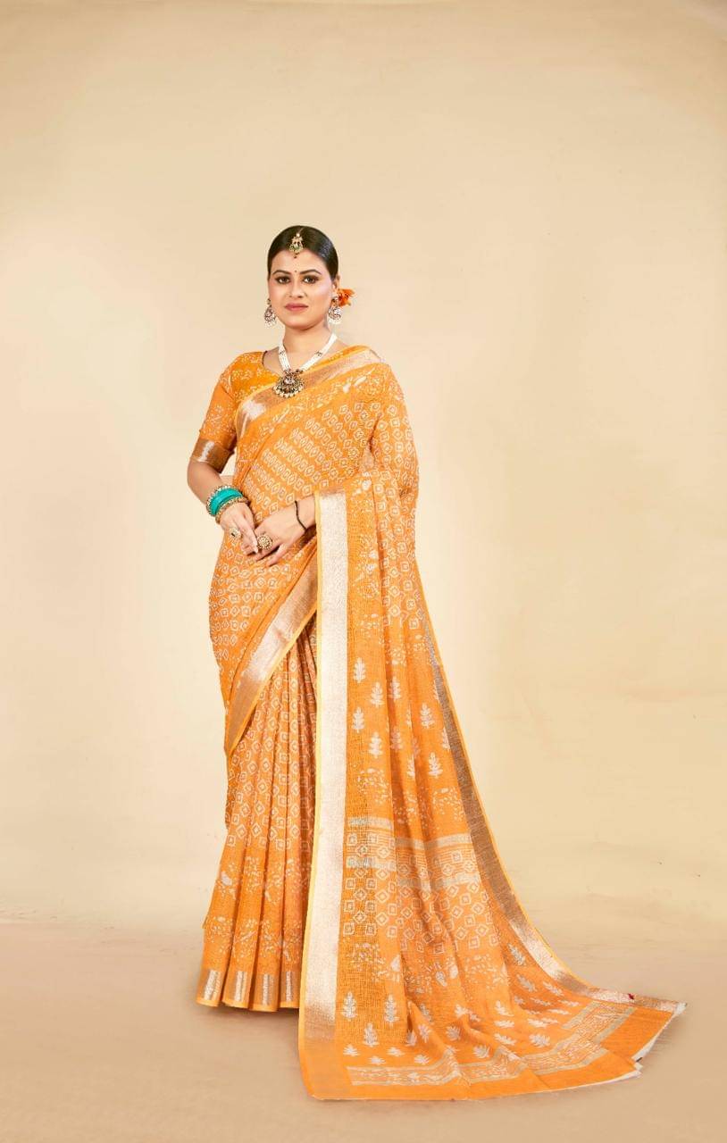     			VTEXX Cotton Printed Saree With Unstitched Blouse Piece ( Orange )