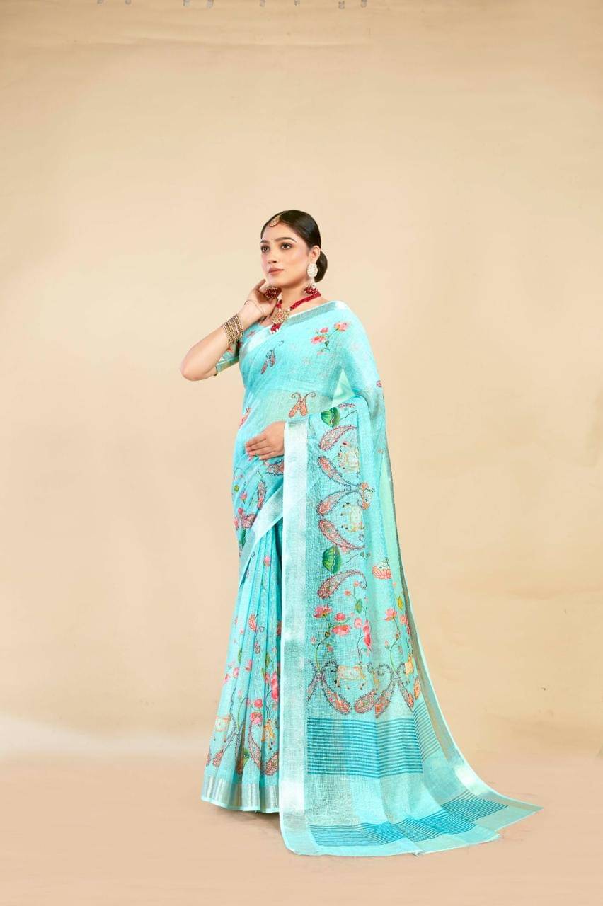 VTEXX Cotton Printed Saree With Unstitched Blouse Piece ( Turquoise ) VTEXX Cotton Printed Saree With Unstitched Blouse Piece ( Turquoise )