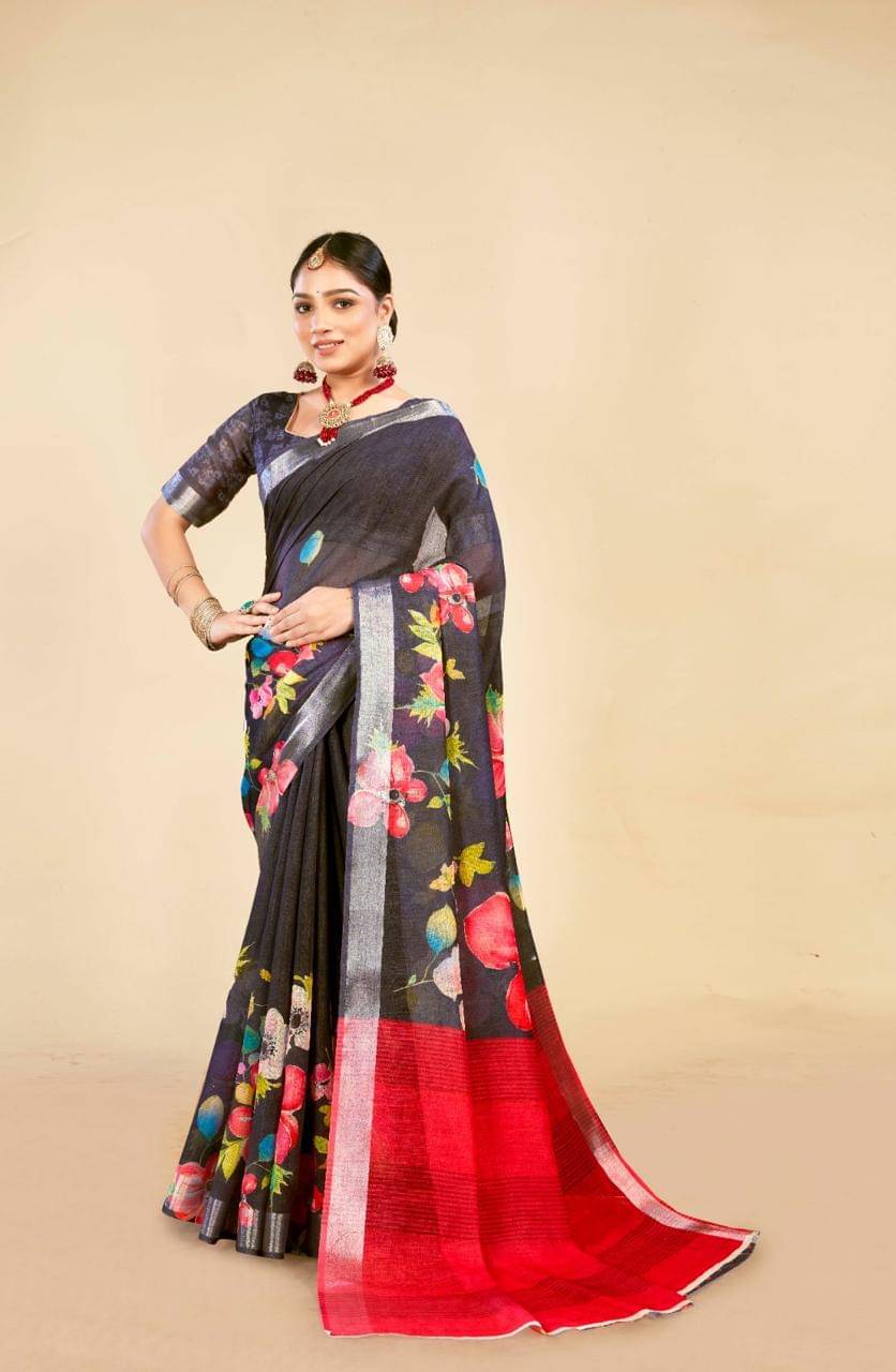     			VTEXX Cotton Printed Saree With Unstitched Blouse Piece ( Charcoal )