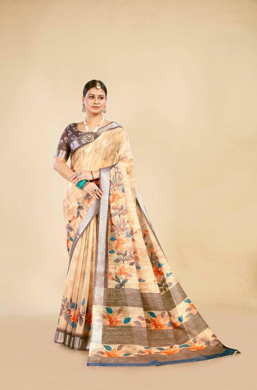 VTEXX Cotton Printed Saree With Unstitched Blouse Piece ( Beige1 ) VTEXX Cotton Printed Saree With Unstitched Blouse Piece ( Beige1 )