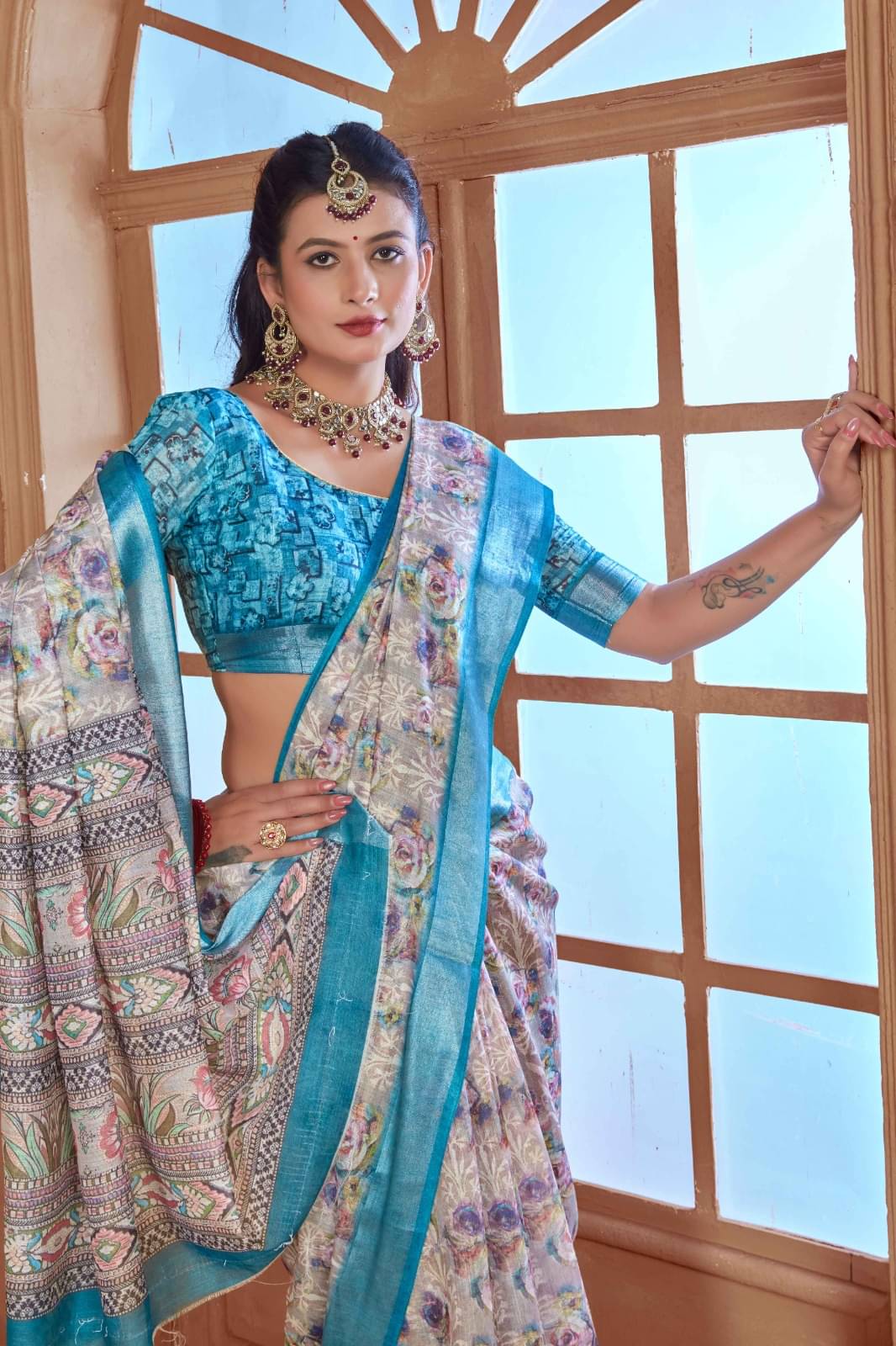    			VTEXX Cotton Printed Saree With Unstitched Blouse Piece ( Blue )