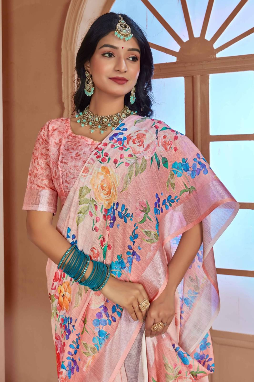 VTEXX Cotton Printed Saree With Unstitched Blouse Piece ( Peach )     			VTEXX Cotton Printed Saree With Unstitched Blouse Piece ( Peach )