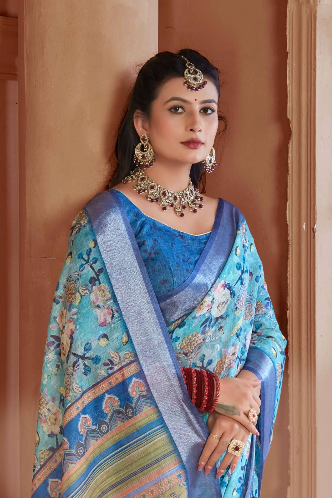     			VTEXX Cotton Printed Saree With Unstitched Blouse Piece ( Sky Blue )