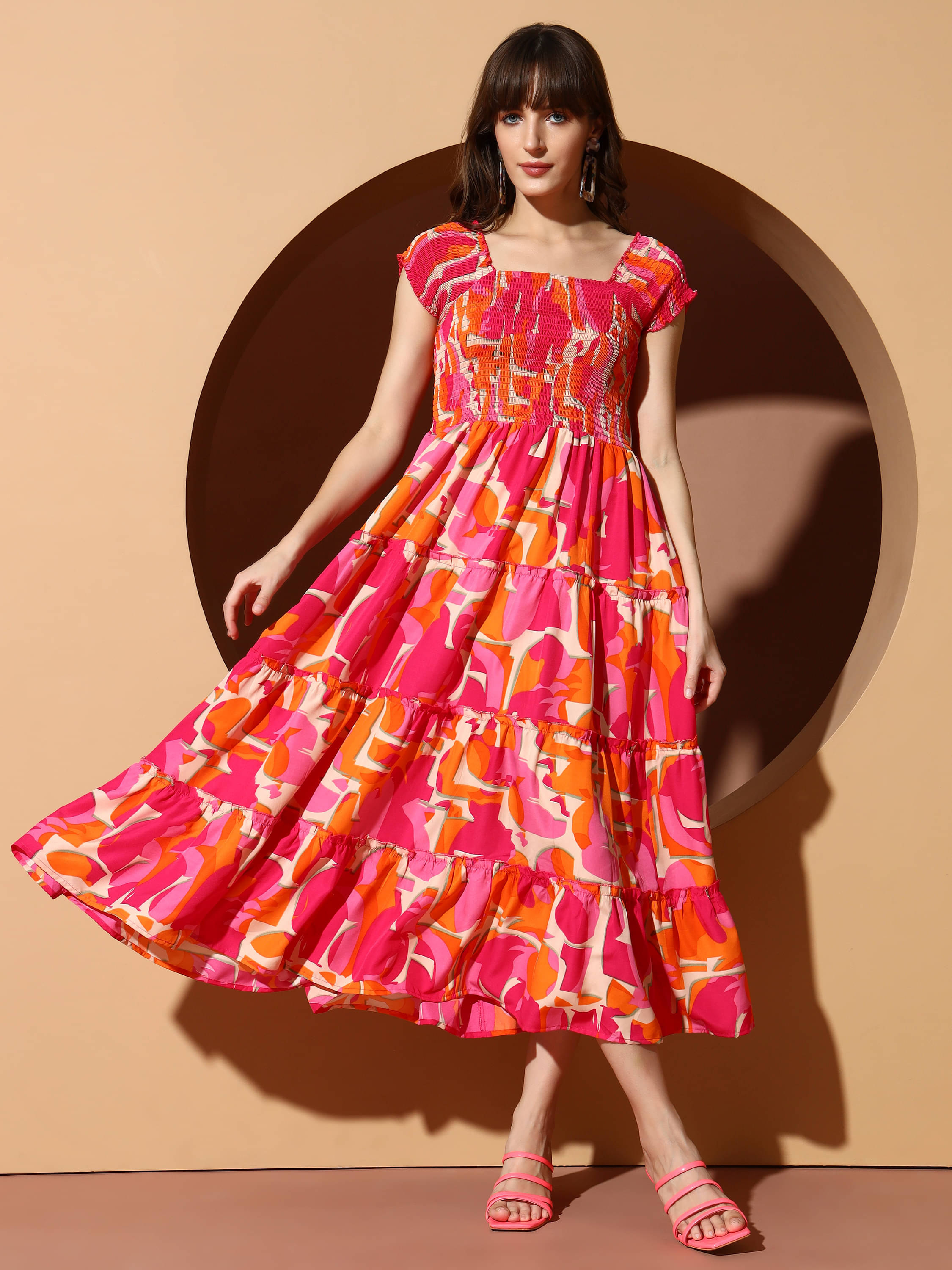     			ZWERLON Women Polyester Printed A-line Dress ( Orange )