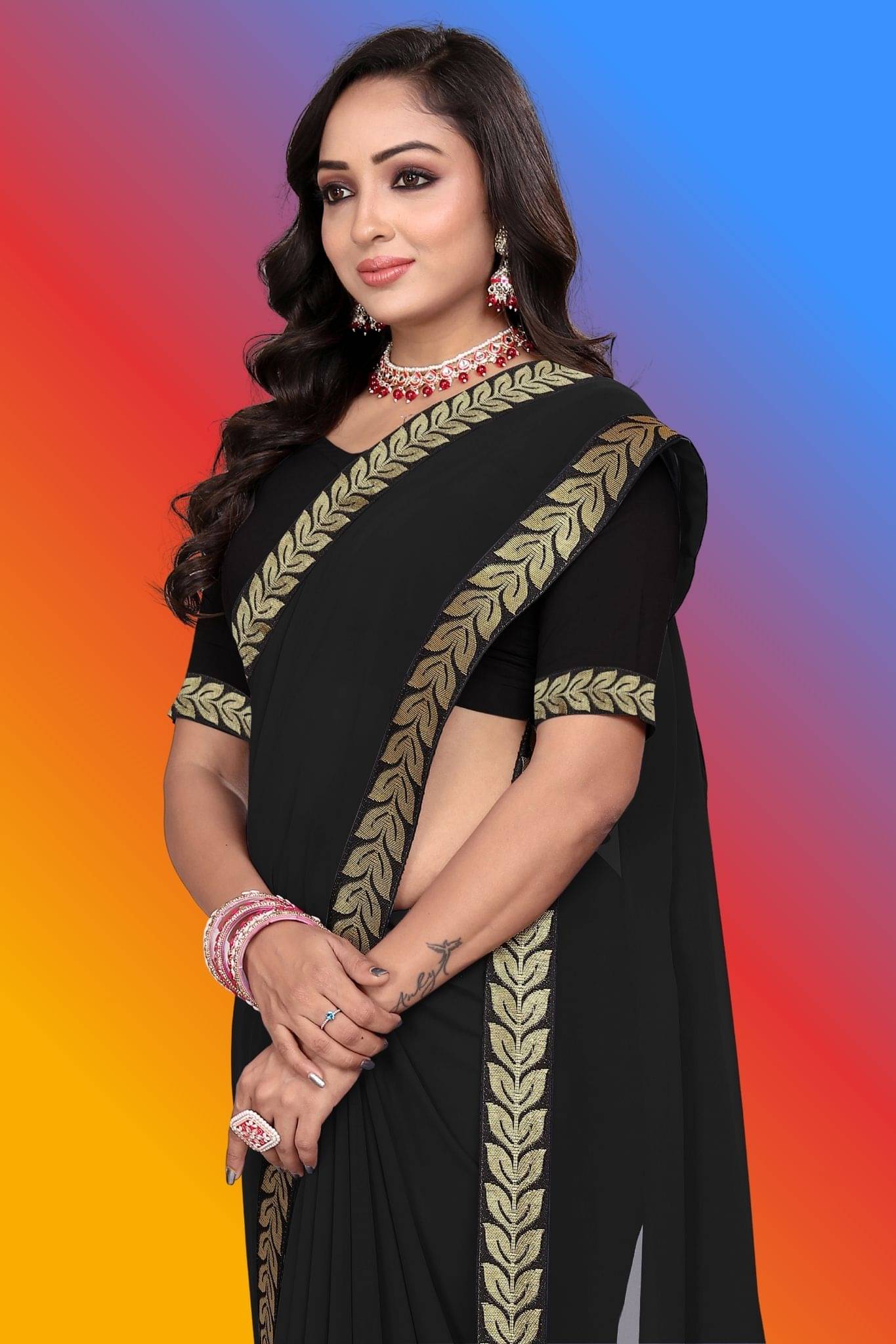 aaishreekhodiyar Chiffon Self Design Saree With Unstitched Blouse Piece ( Black )     			aaishreekhodiyar Chiffon Self Design Saree With Unstitched Blouse Piece ( Black )