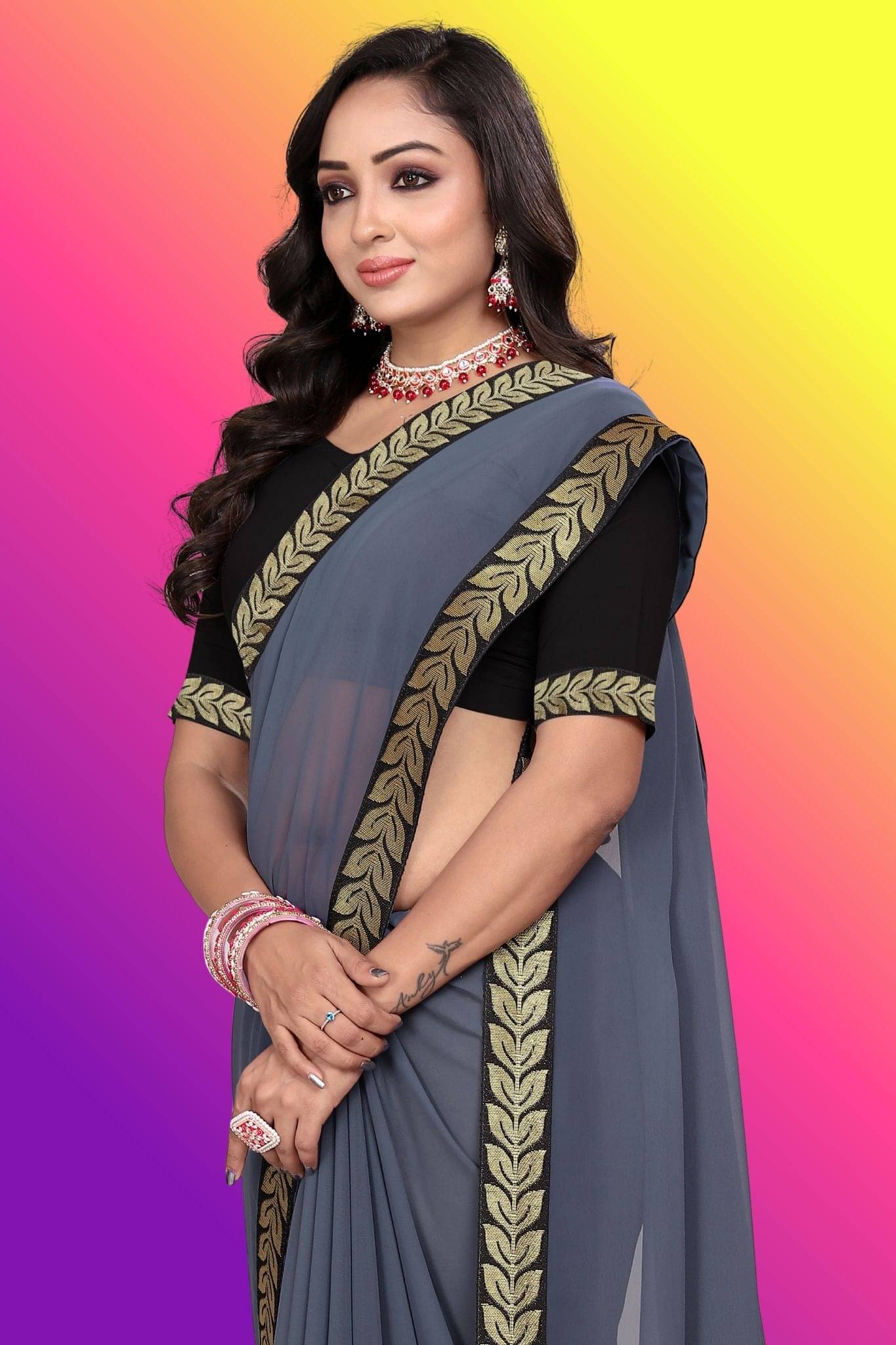 aaishreekhodiyar Chiffon Self Design Saree With Unstitched Blouse Piece ( Grey )     			aaishreekhodiyar Chiffon Self Design Saree With Unstitched Blouse Piece ( Grey )