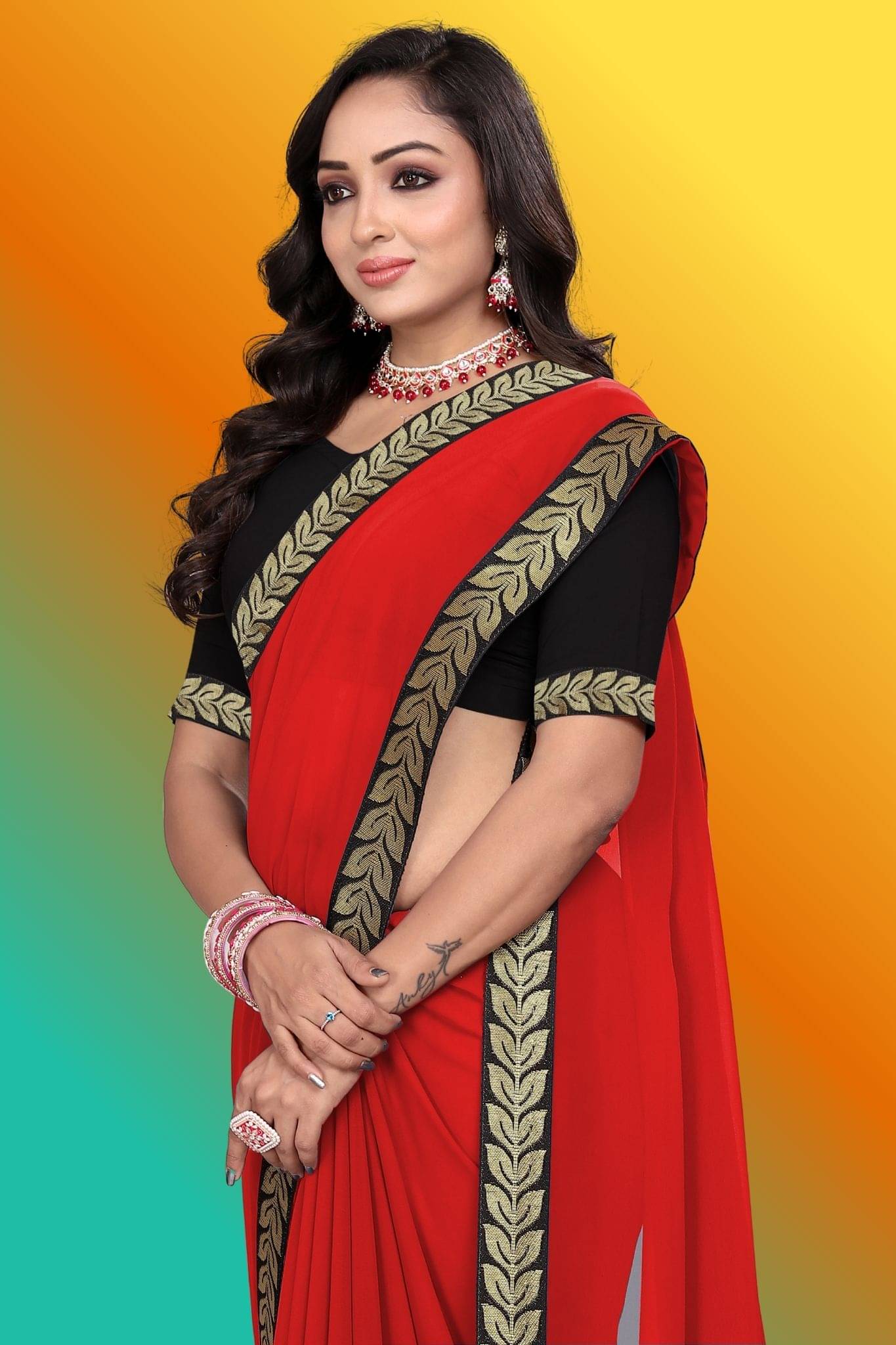 aaishreekhodiyar Chiffon Self Design Saree With Unstitched Blouse Piece ( Red ) aaishreekhodiyar Chiffon Self Design Saree With Unstitched Blouse Piece ( Red )