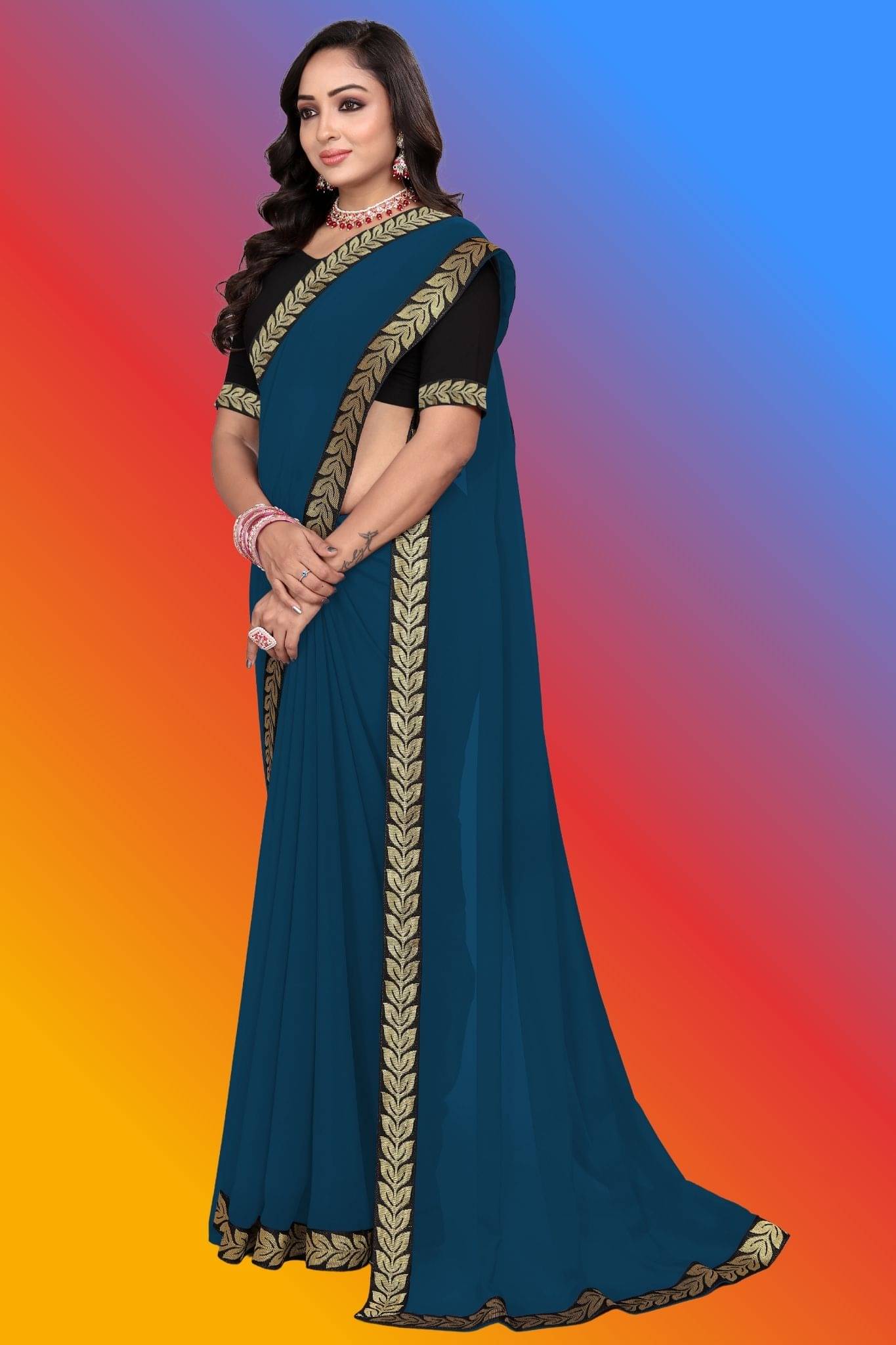 aaishreekhodiyar Chiffon Self Design Saree With Unstitched Blouse Piece ( Teal ) aaishreekhodiyar Chiffon Self Design Saree With Unstitched Blouse Piece ( Teal )