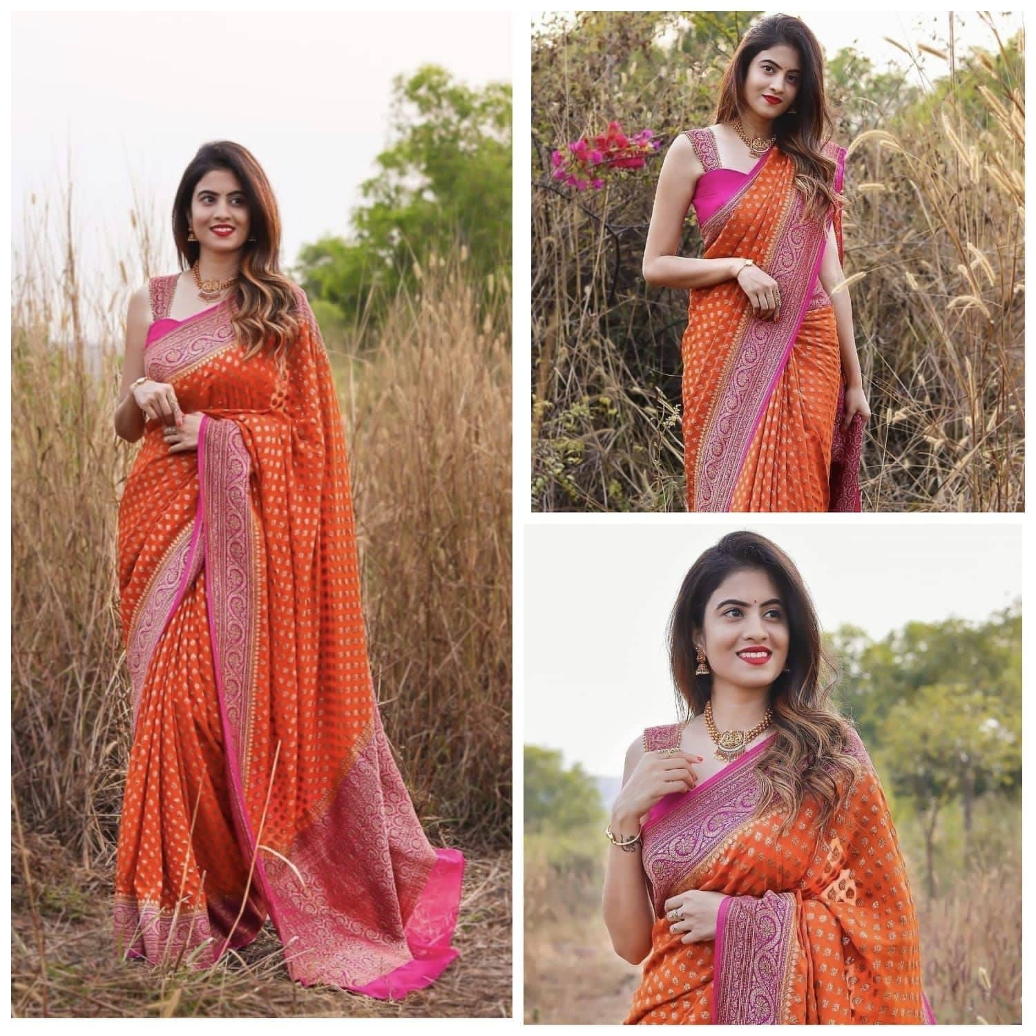 fab woven Art Silk Woven Kanjeevaram Sarees With Unstitched Blouse Piece ( Orange ) - Sarees | Buy online on ZillyBuy