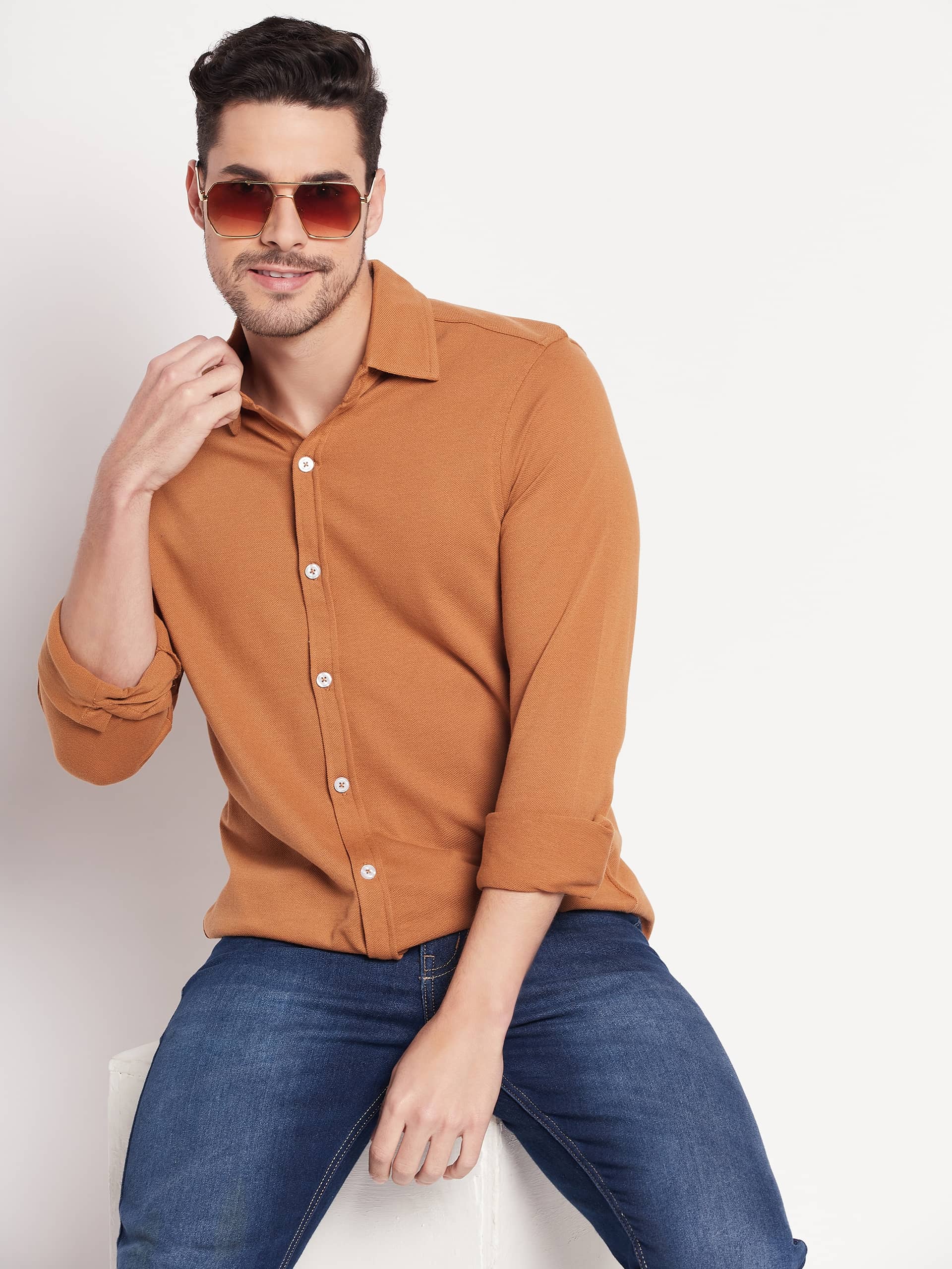Club York Cotton Blend Regular Fit Solids Full Sleeves Men's Casual Shirt - Khaki ( Pack of 1 )