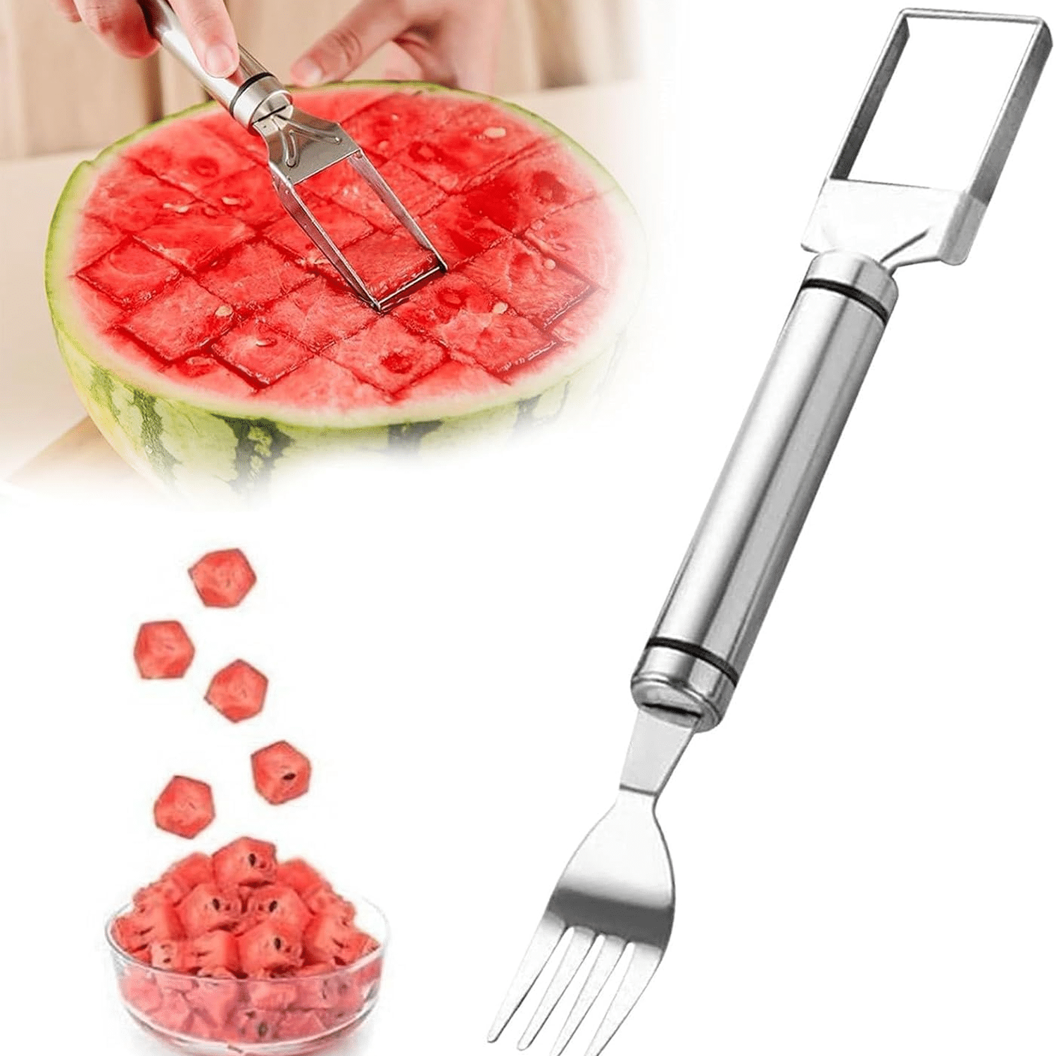 2-in-1 Watermelon Slicer and Fork Combo – Stainless Steel Fruit Cutter Tool 2-in-1 Watermelon Slicer and Fork Combo – Stainless Steel Fruit Cutter Tool