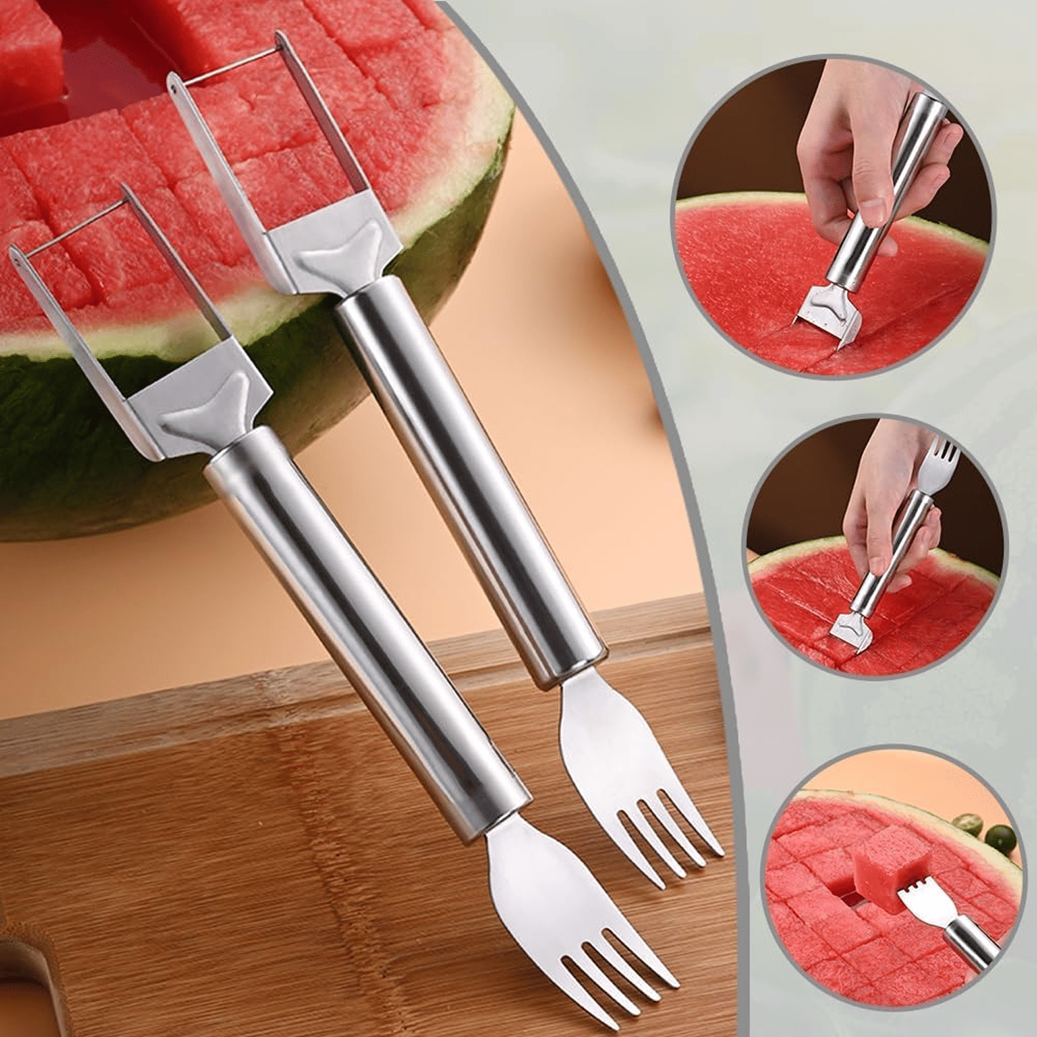 2-in-1 Watermelon Slicer and Fork Combo – Stainless Steel Fruit Cutter Tool 2-in-1 Watermelon Slicer and Fork Combo – Stainless Steel Fruit Cutter Tool
