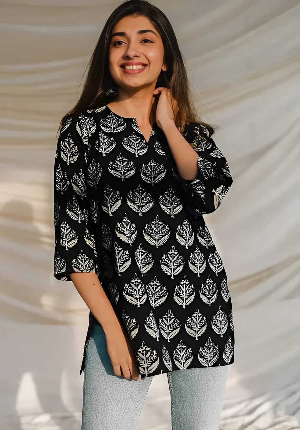 AK FASHION MALL Women Cotton Blend Printed Alia Cut Kurti ( Black ) - Kurtis, Tunics | Buy online on ZillyBuy