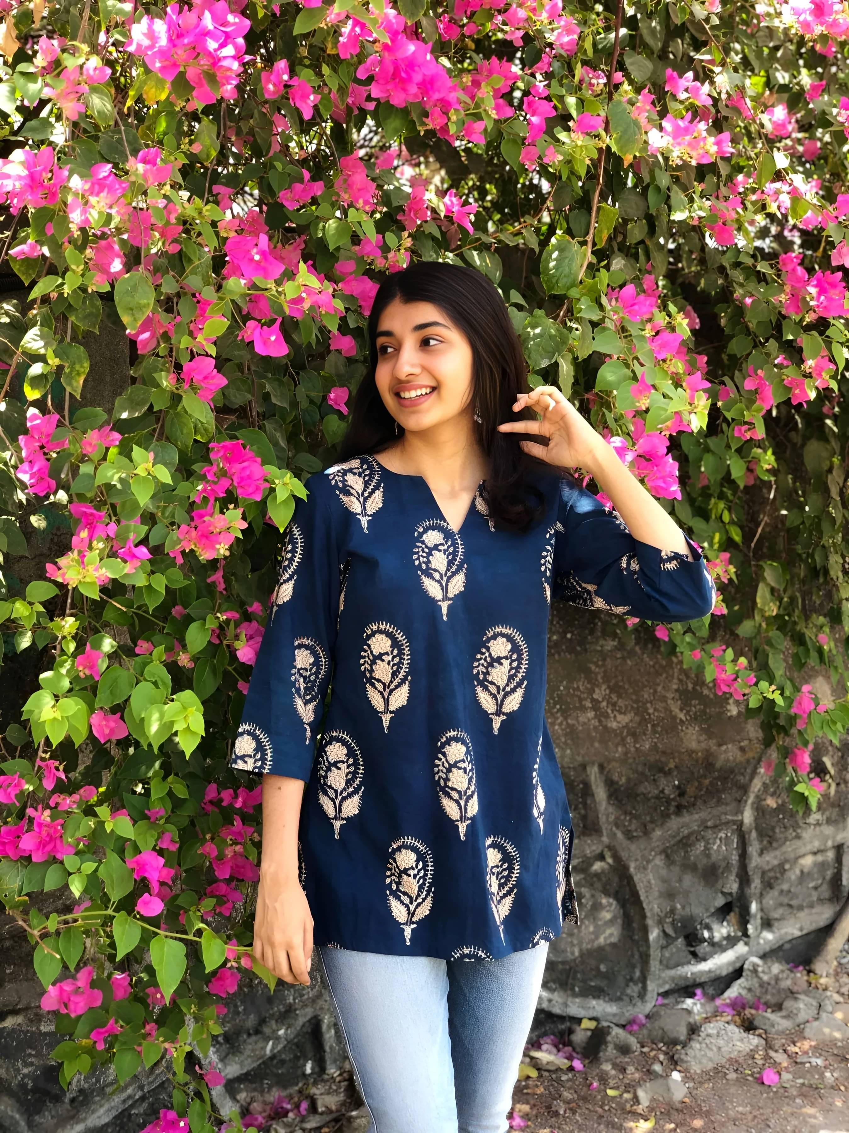     			AK FASHION MALL Women Cotton Blend Printed Alia Cut Kurti ( Blue )