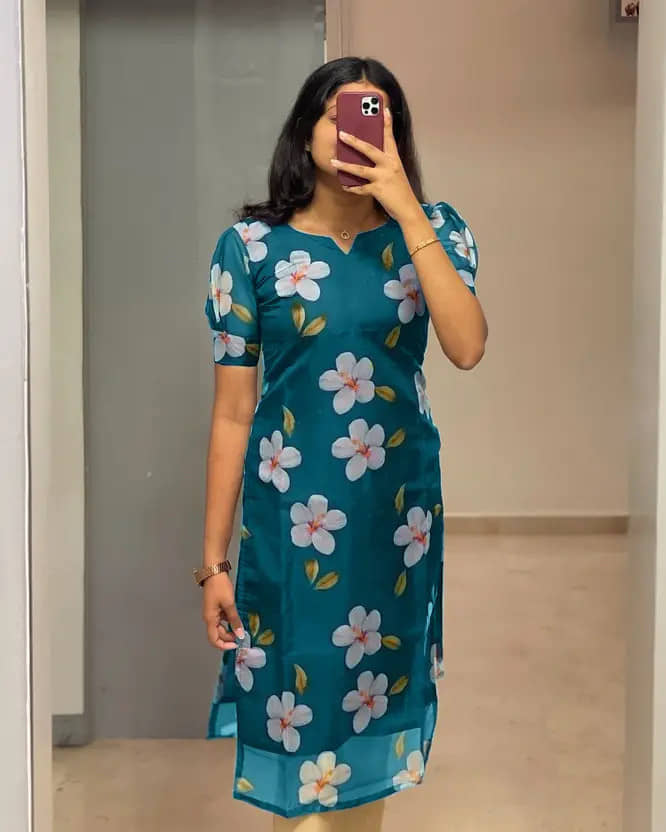 AK FASHION MALL Women Organza Printed A-line Kurti ( Blue ) - Kurtis, Tunics | Buy online on ZillyBuy