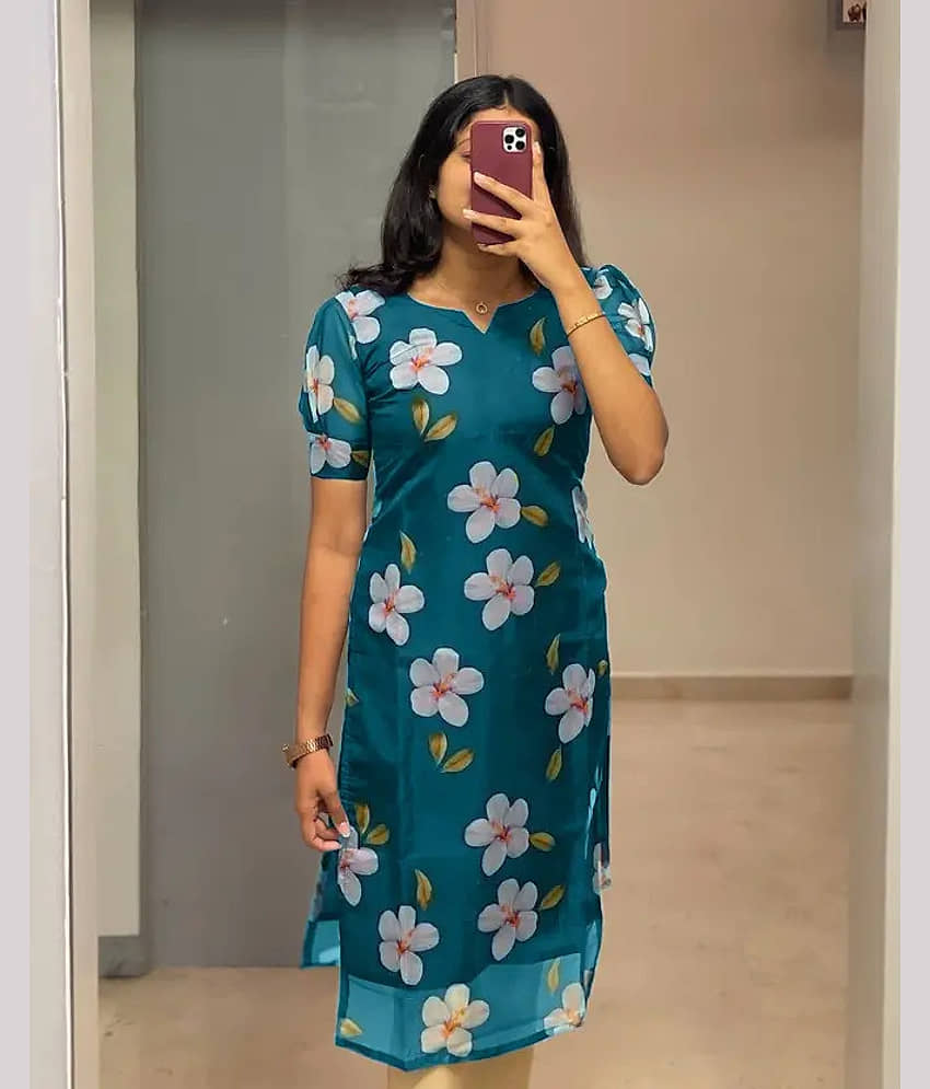 AK FASHION MALL Women Organza Printed A-line Kurti ( Blue ) - Kurtis, Tunics | Buy online on ZillyBuy