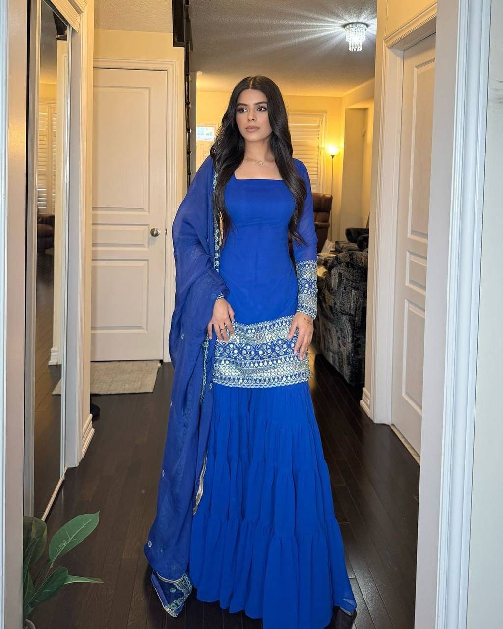 KC Kunj Creation Women Georgette Embroidered A-line Kurti With Sharara And Gharara ( Blue ) KC Kunj Creation Women Georgette Embroidered A-line Kurti With Sharara And Gharara ( Blue )