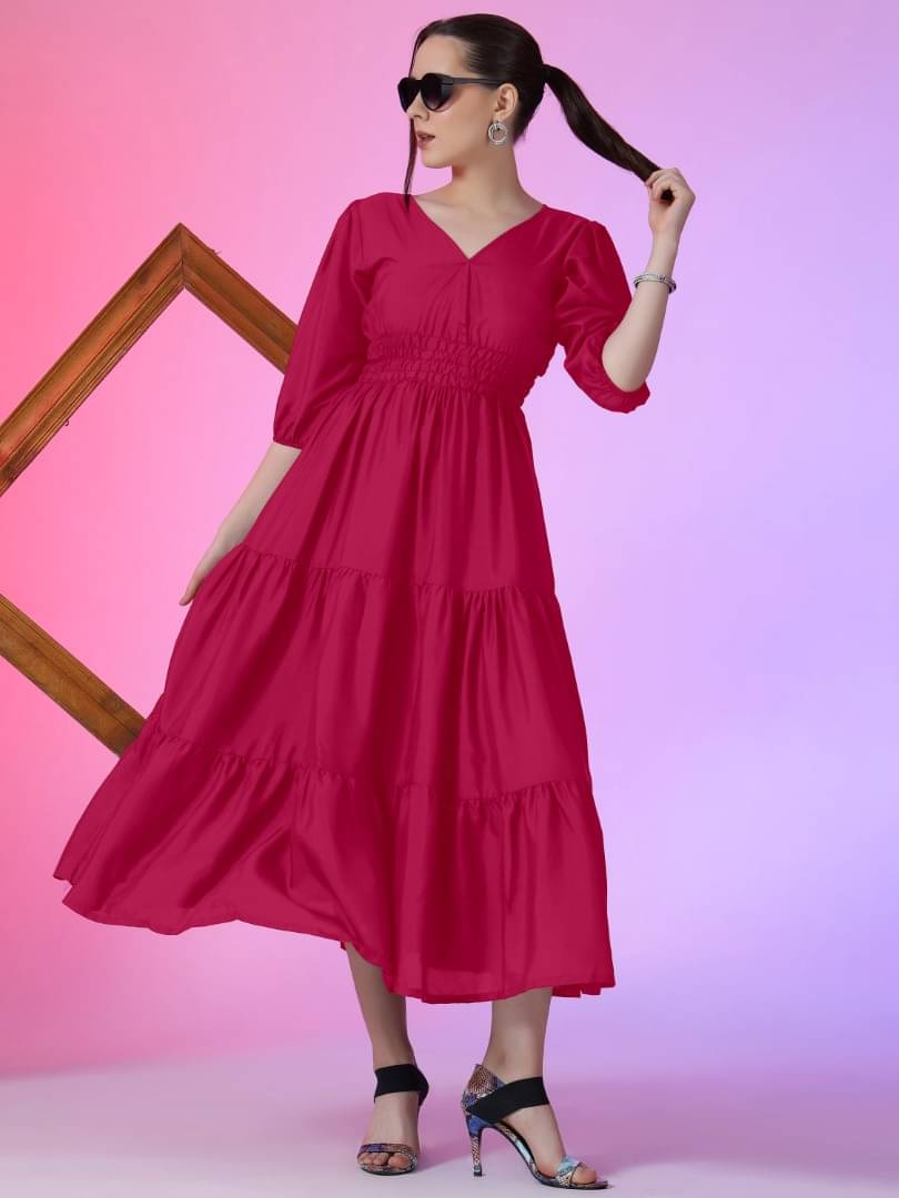 Krunal Raiyani Women Crepe Solid Fit & Flare Dress ( Pink ) Krunal Raiyani Women Crepe Solid Fit & Flare Dress ( Pink )