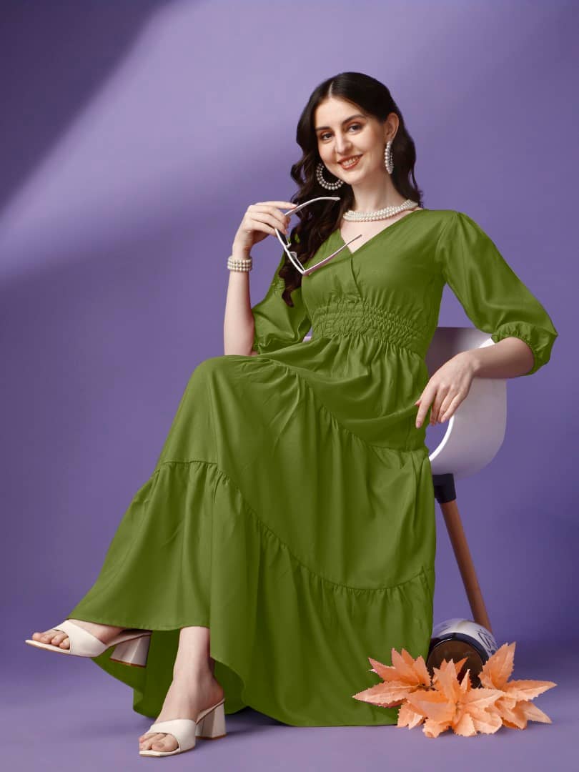 Krunal Raiyani Women Crepe Solid Fit & Flare Dress ( Olive )