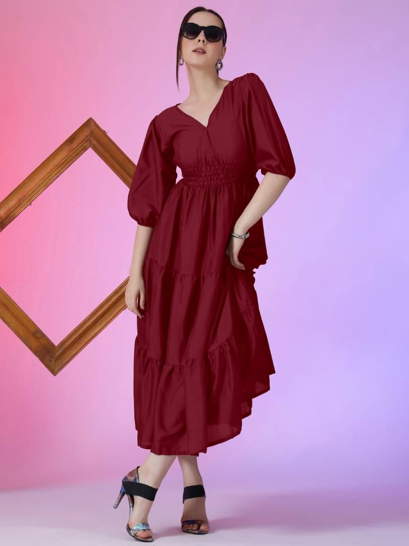 Krunal Raiyani Women Crepe Solid Fit & Flare Dress ( Maroon ) Krunal Raiyani Women Crepe Solid Fit & Flare Dress ( Maroon )