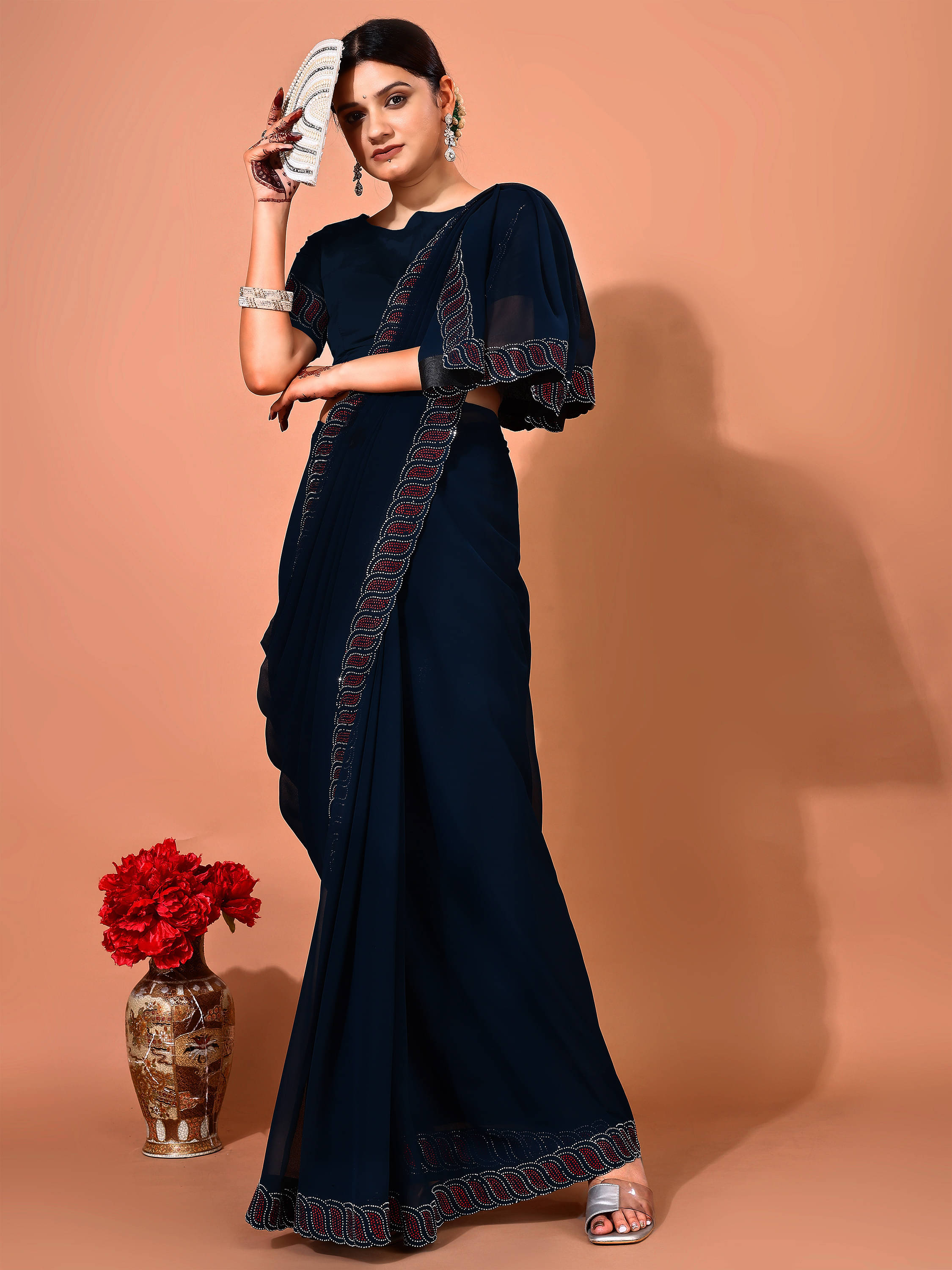 LEELAVATI Chiffon Embellished Regular Saree With Unstitched Blouse Piece ( Navy Blue ) LEELAVATI Chiffon Embellished Regular Saree With Unstitched Blouse Piece ( Navy Blue )