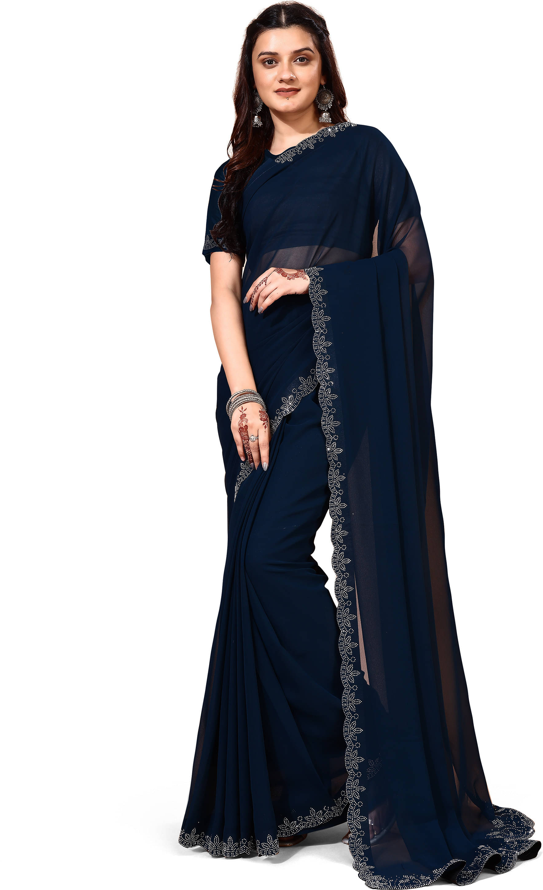     			LEELAVATI Chiffon Embellished Regular Saree With Unstitched Blouse Piece ( Navy Blue )