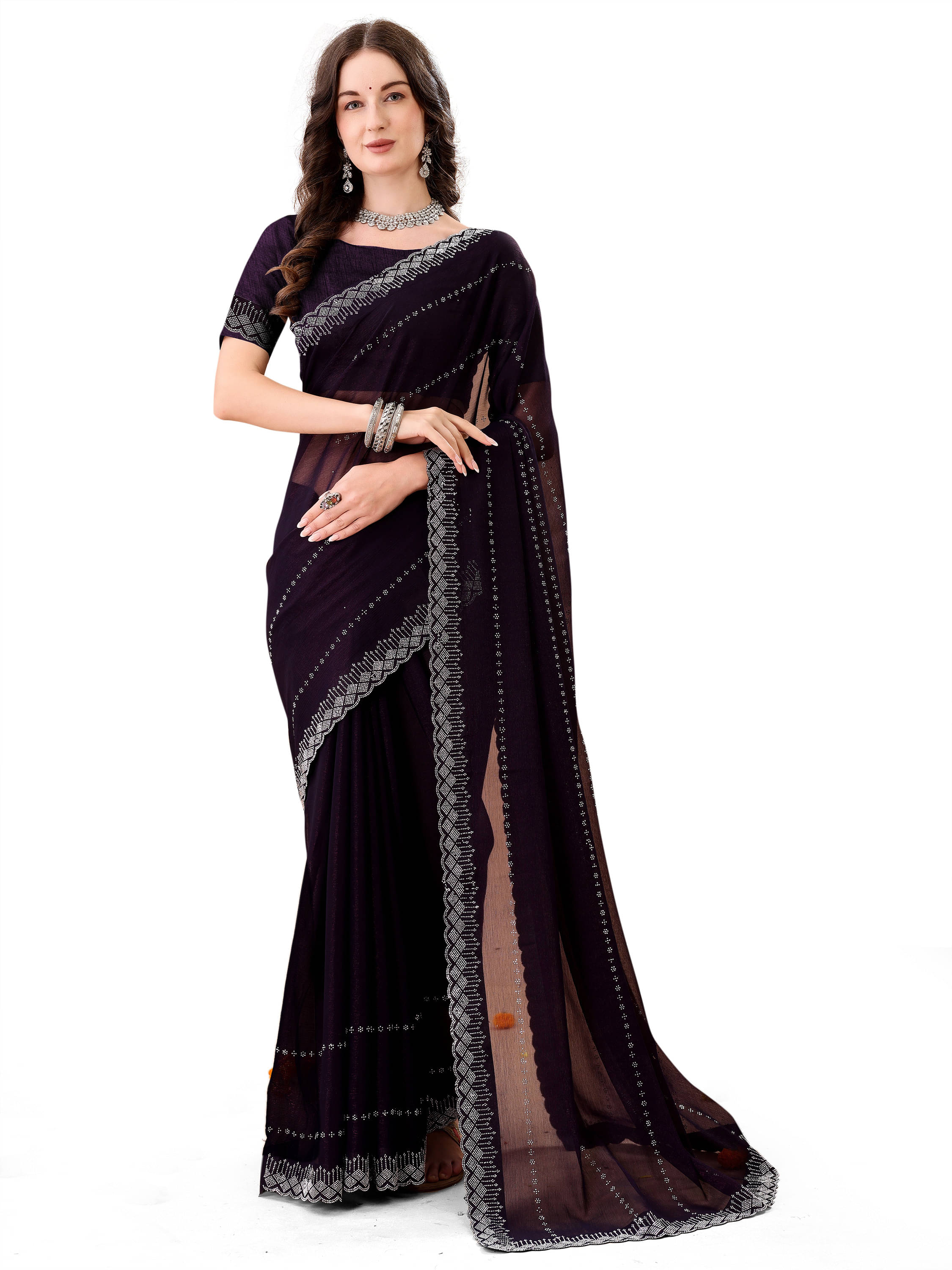 LEELAVATI Chiffon Embellished Regular Saree With Unstitched Blouse Piece ( Purple ) LEELAVATI Chiffon Embellished Regular Saree With Unstitched Blouse Piece ( Purple )