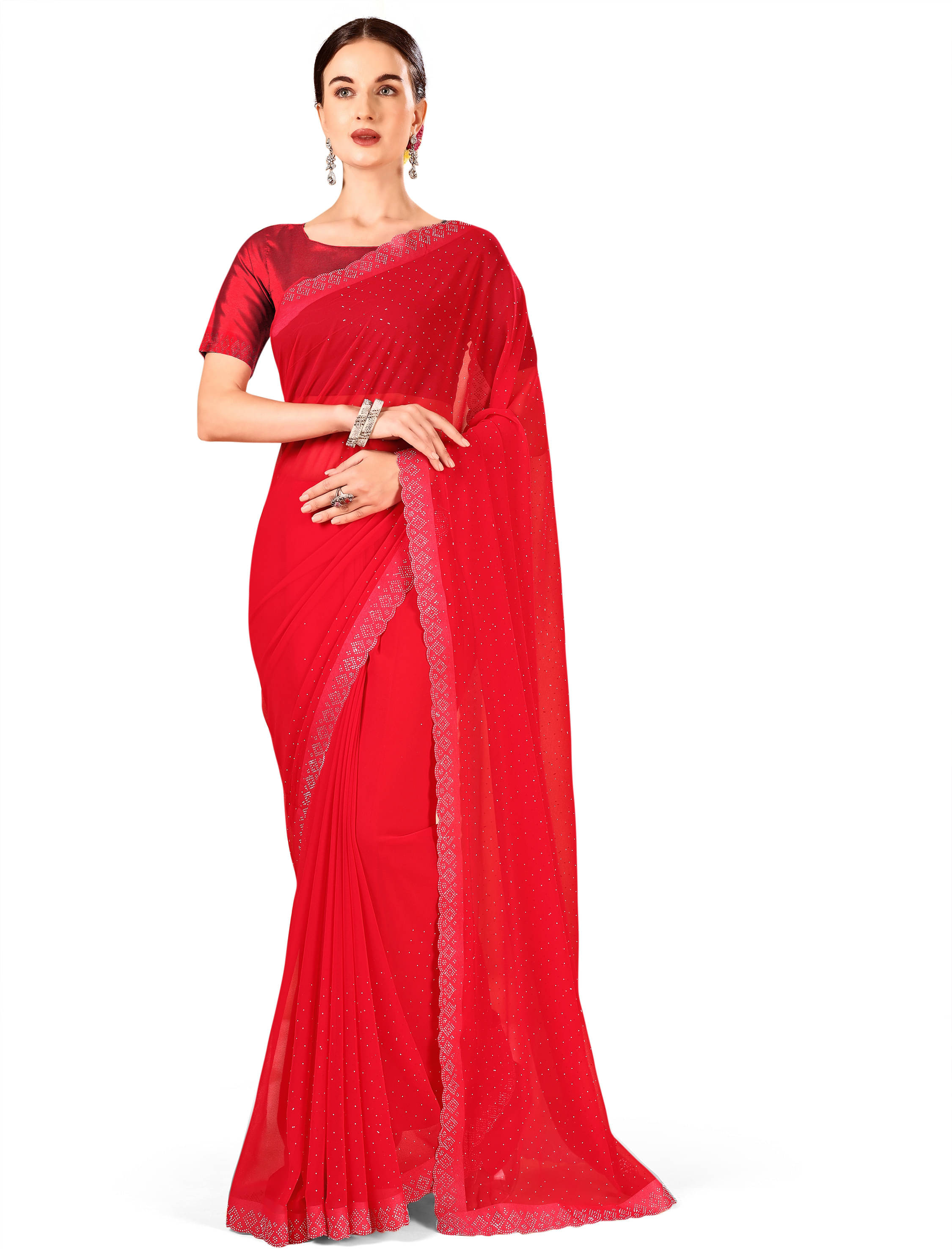 LEELAVATI Chiffon Embellished Regular Saree With Unstitched Blouse Piece ( Red ) LEELAVATI Chiffon Embellished Regular Saree With Unstitched Blouse Piece ( Red )